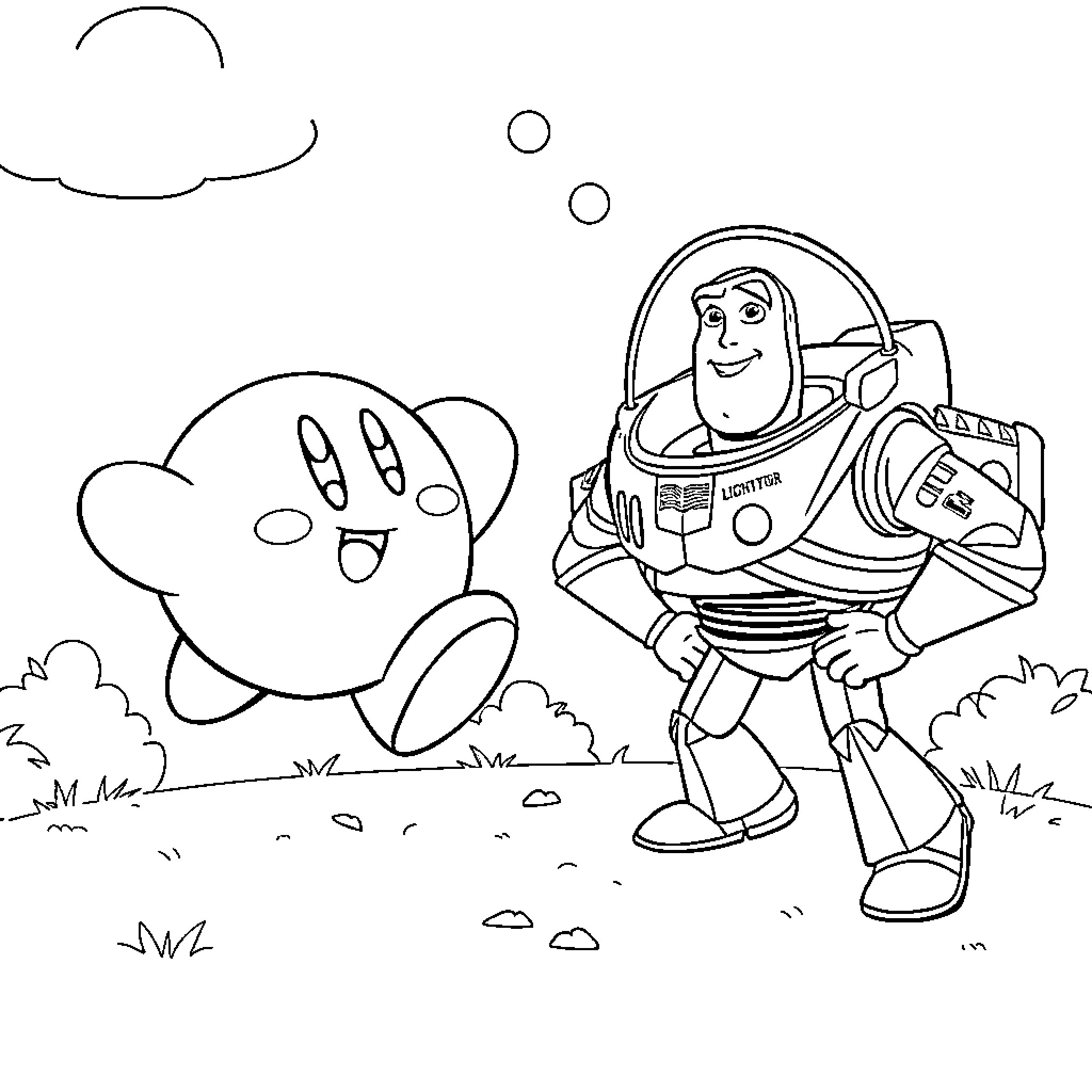 Kirby and Buzz Lightyear exploring the outdoors Coloring Page (free black-and-white line drawing printable PDF for all, from beginners to advanced learners, including children, teens, adults, and seniors)