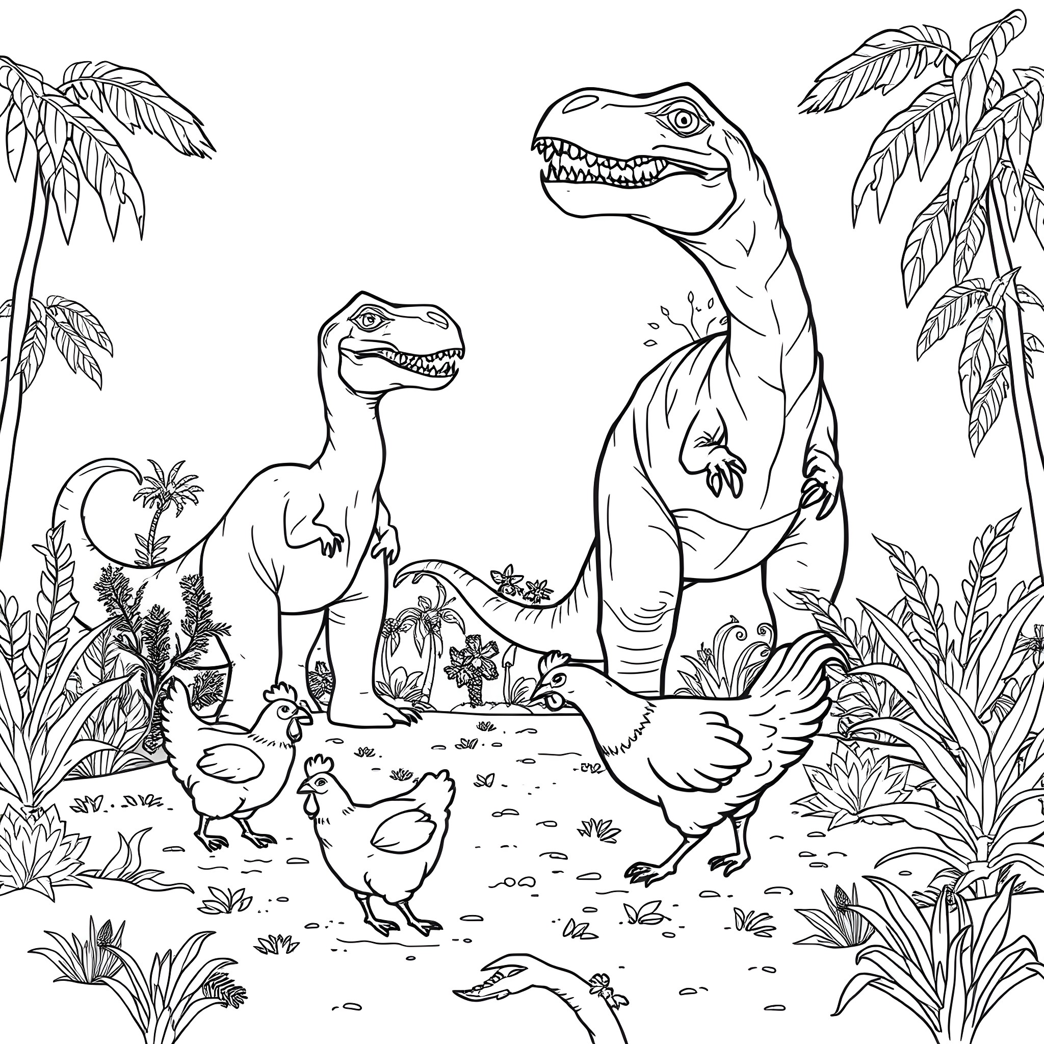 Chicken-like Dinosaurs in Tropical Jungle Setting Coloring Page (free black-and-white line drawing printable PDF for all, from beginners to advanced learners, including children, teens, adults, and seniors)