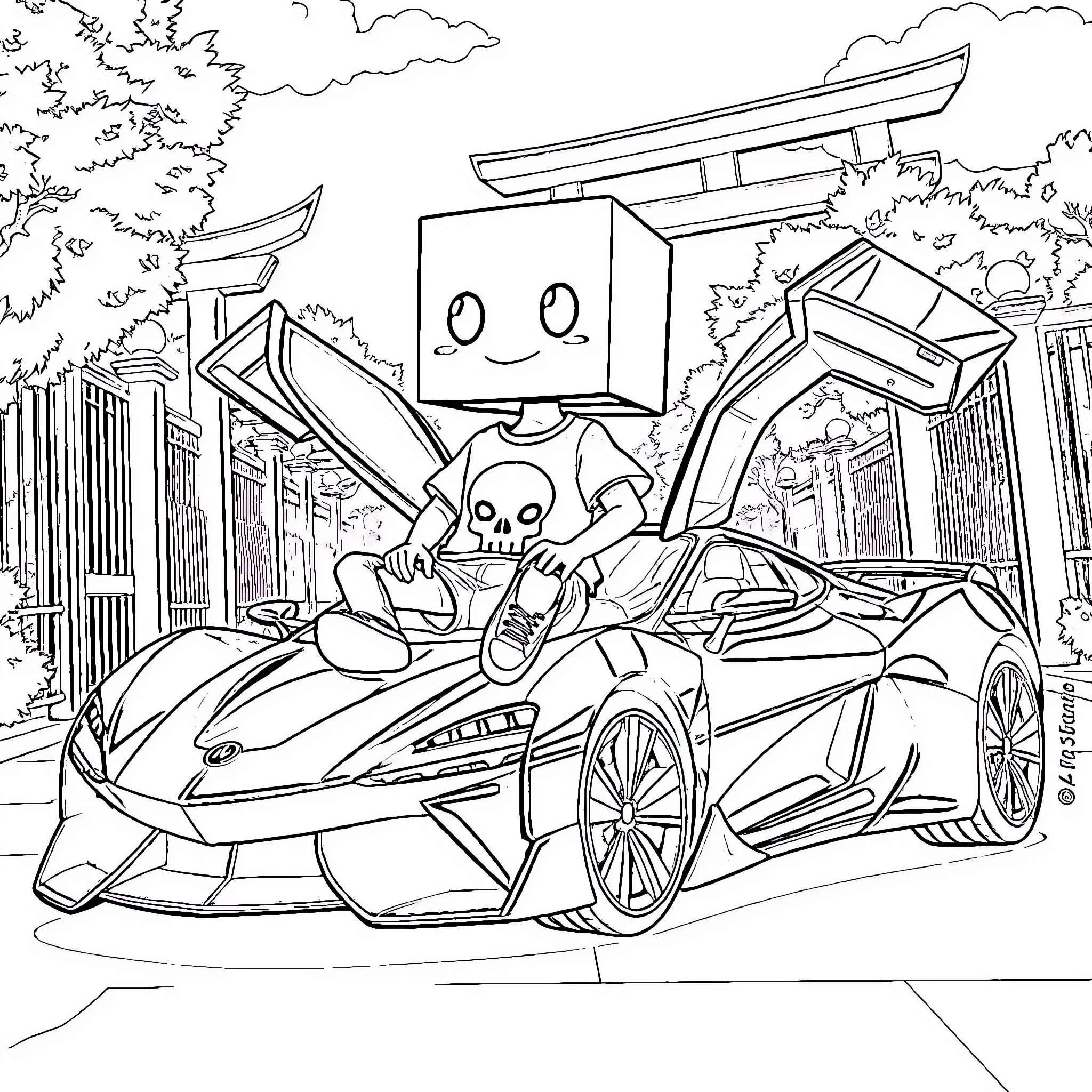 Character in Futuristic Car at Japanese Temple Coloring Page (free black-and-white line drawing printable PDF for all, from beginners to advanced learners, including children, teens, adults, and seniors)