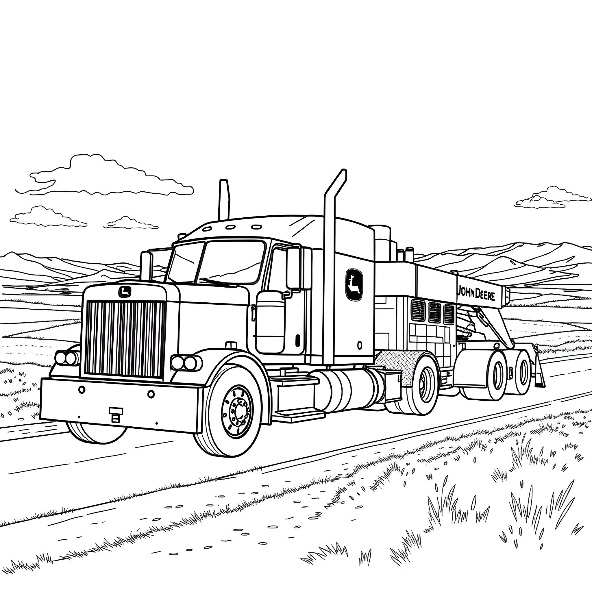 Semi-Truck Hauling Cargo on the Highway Coloring Page (free black-and-white line drawing printable PDF for all, from beginners to advanced learners, including children, teens, adults, and seniors)