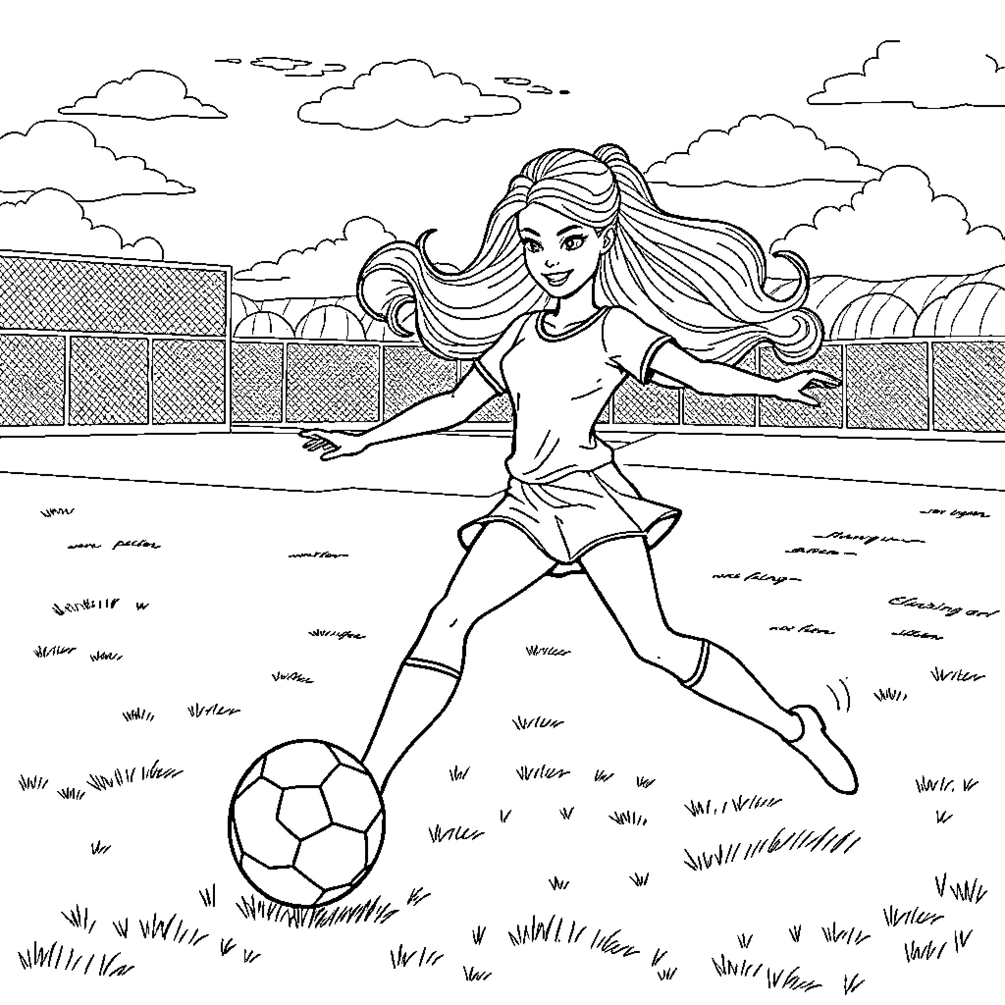 Barbie playing soccer on the field Coloring Page (free black-and-white line drawing printable PDF for all, from beginners to advanced learners, including children, teens, adults, and seniors)