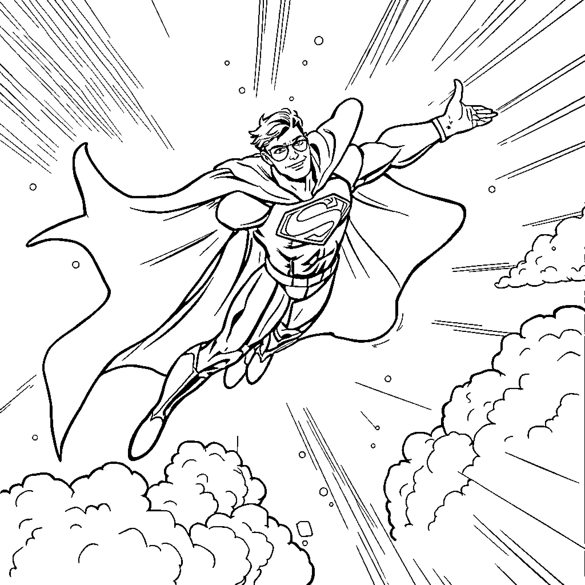 Super Hero in Flight with Outstretched Arms Coloring Page (free black-and-white line drawing printable PDF for all, from beginners to advanced learners, including children, teens, adults, and seniors)