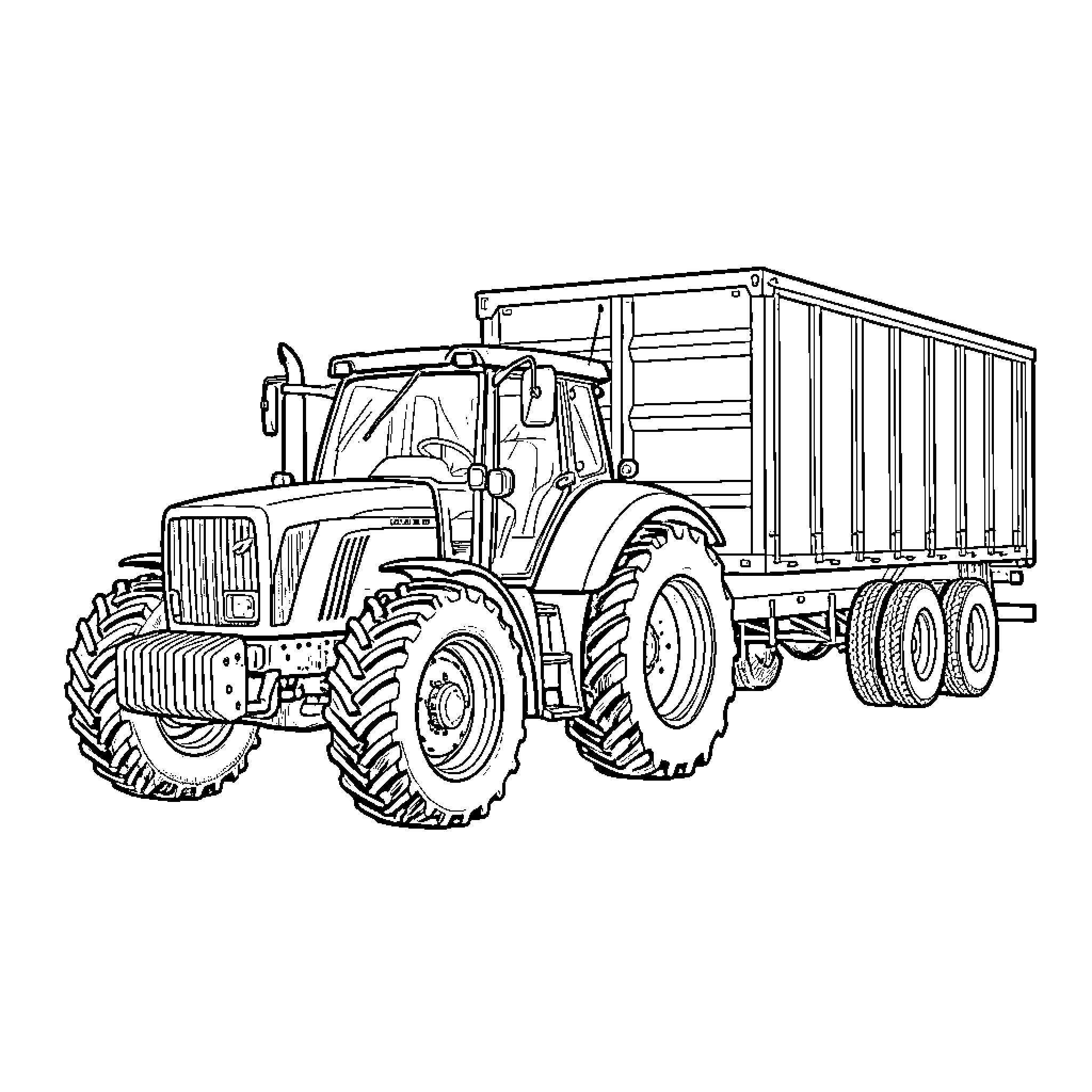 Tractor pulling a large trailer on a farm Coloring Page (free black-and-white line drawing printable PDF for all, from beginners to advanced learners, including children, teens, adults, and seniors)