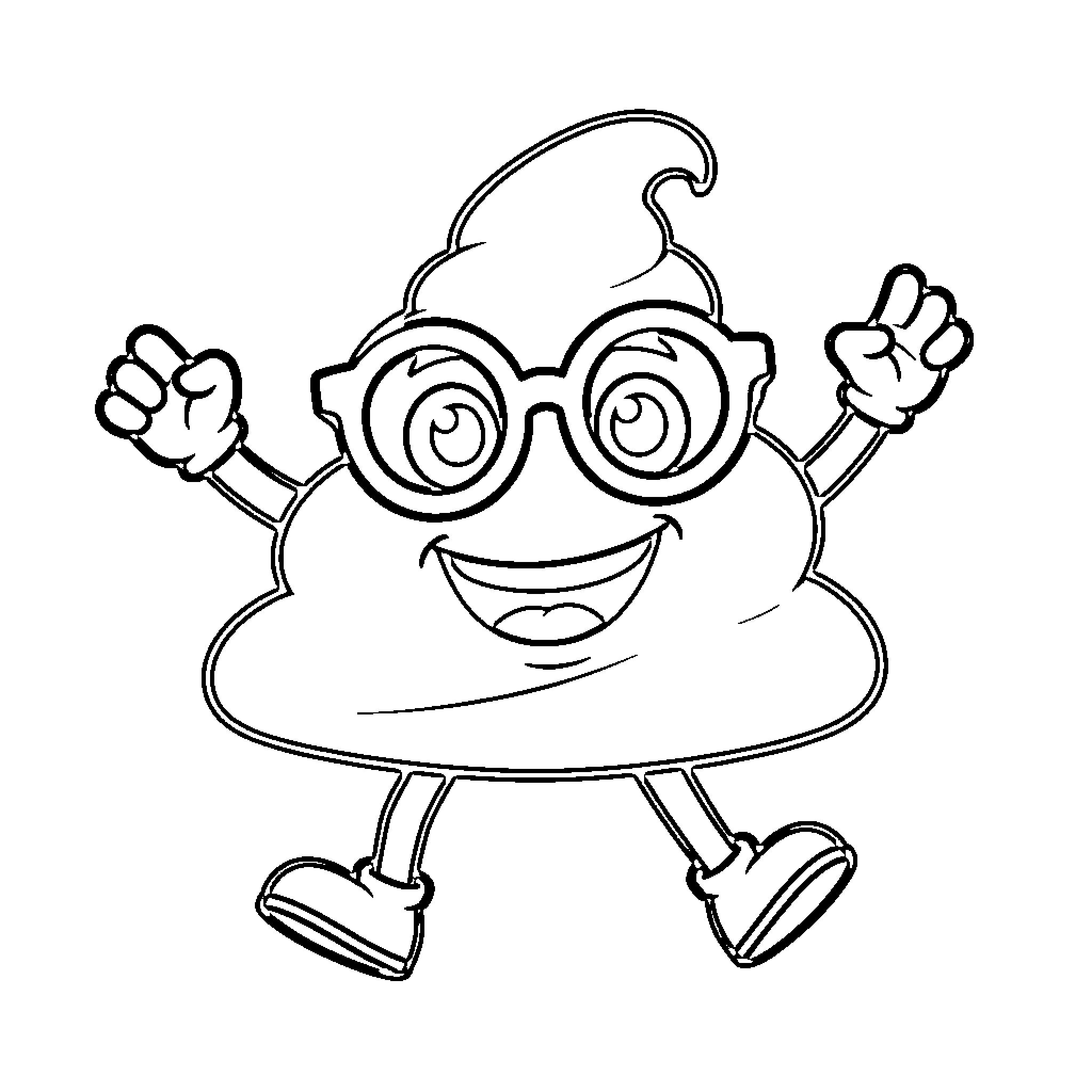 Caca emoji character wearing glasses and dancing happily Coloring Page (free black-and-white line drawing printable PDF for all, from beginners to advanced learners, including children, teens, adults, and seniors)