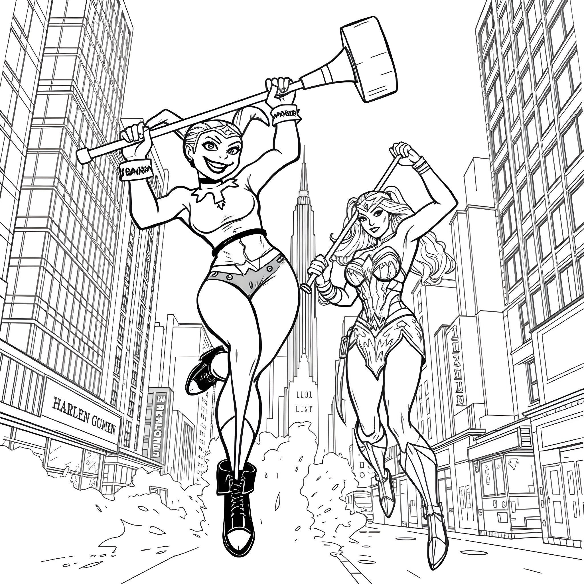 Harley Quinn and Wonder Woman's heroic battle in the city Coloring Page (free black-and-white line drawing printable PDF for all, from beginners to advanced learners, including children, teens, adults, and seniors)