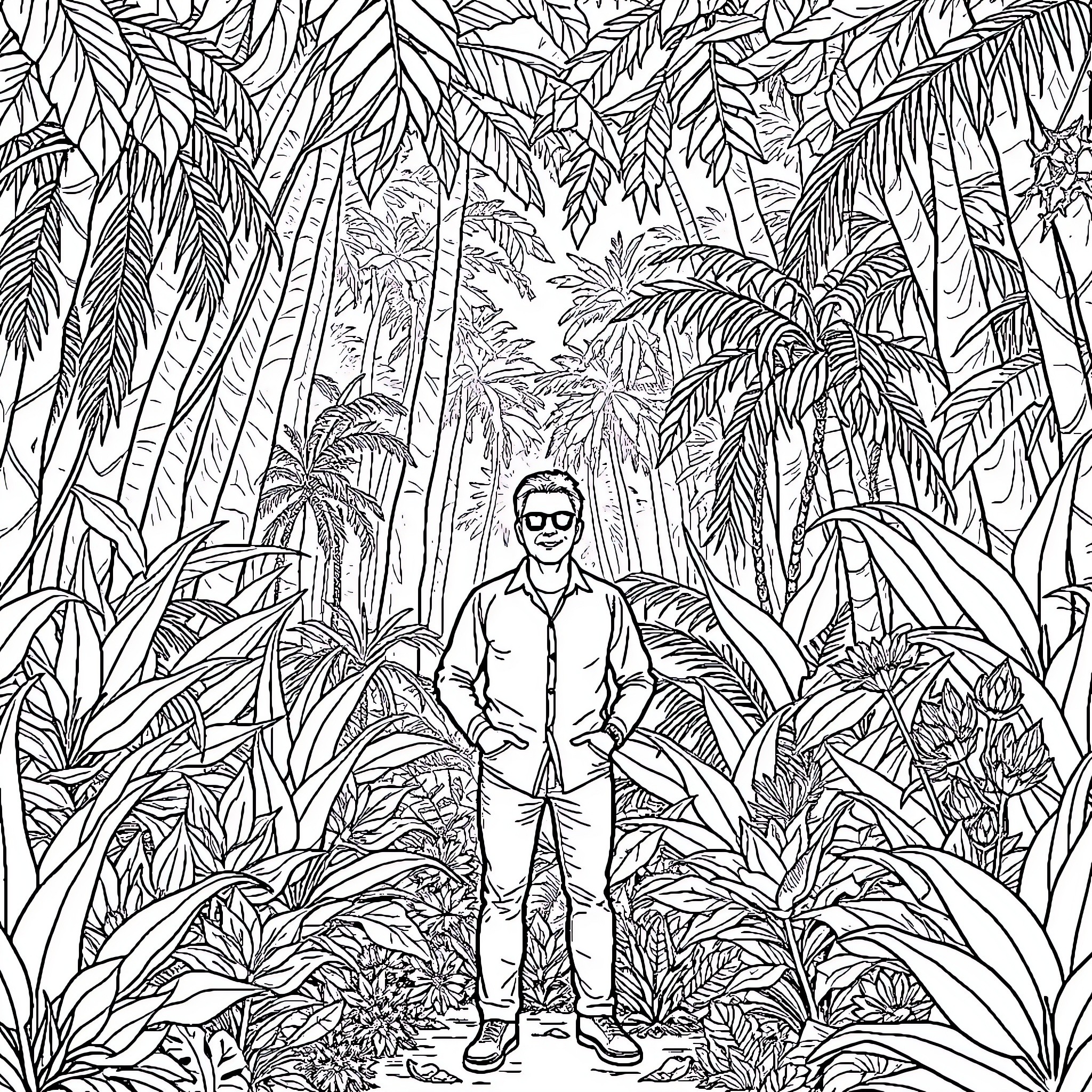 Jean-Luc Reichmann in a tropical forest setting Coloring Page (free black-and-white line drawing printable PDF for all, from beginners to advanced learners, including children, teens, adults, and seniors)
