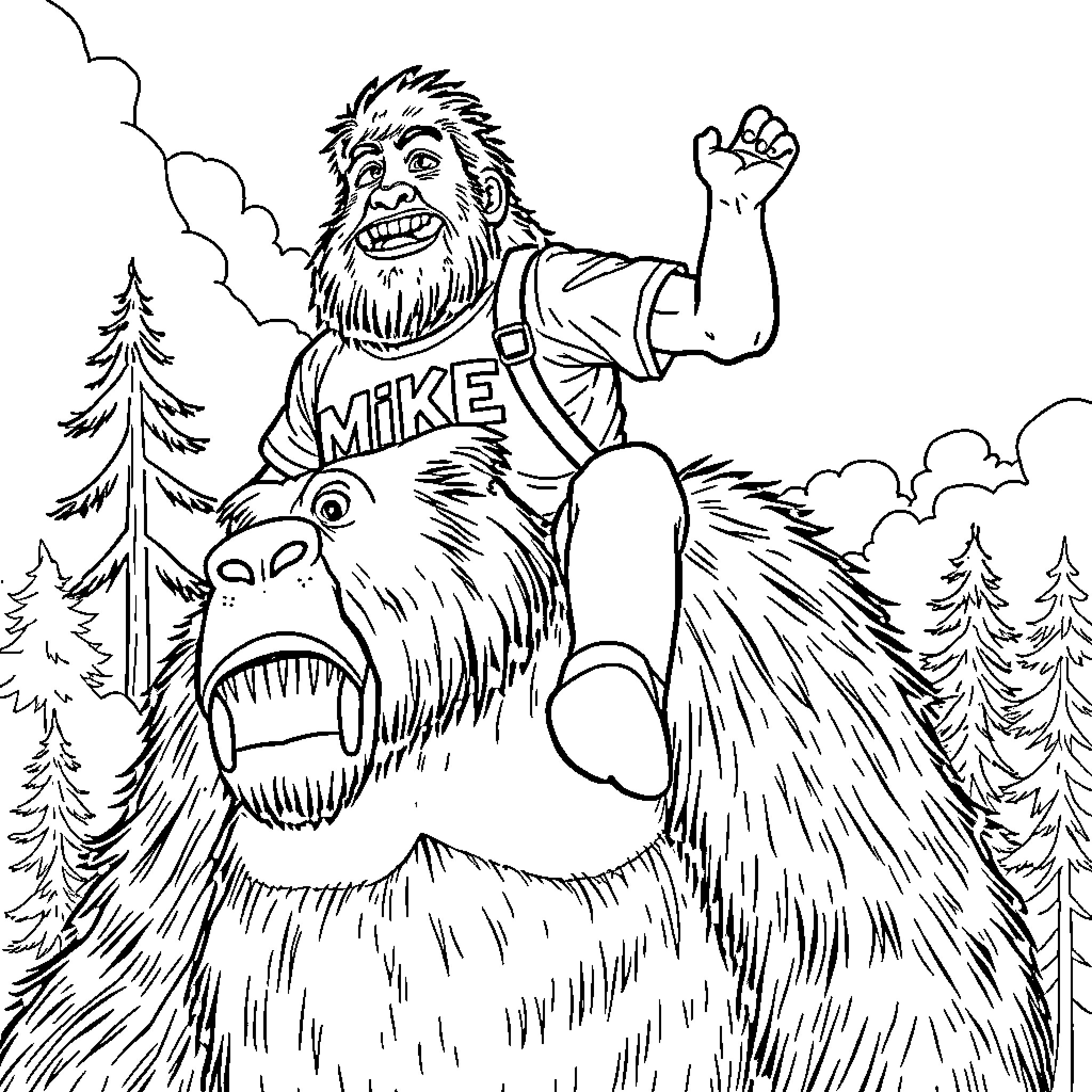 Guy Riding a Mighty Beast through the Forest Coloring Page (free black-and-white line drawing printable PDF for all, from beginners to advanced learners, including children, teens, adults, and seniors)