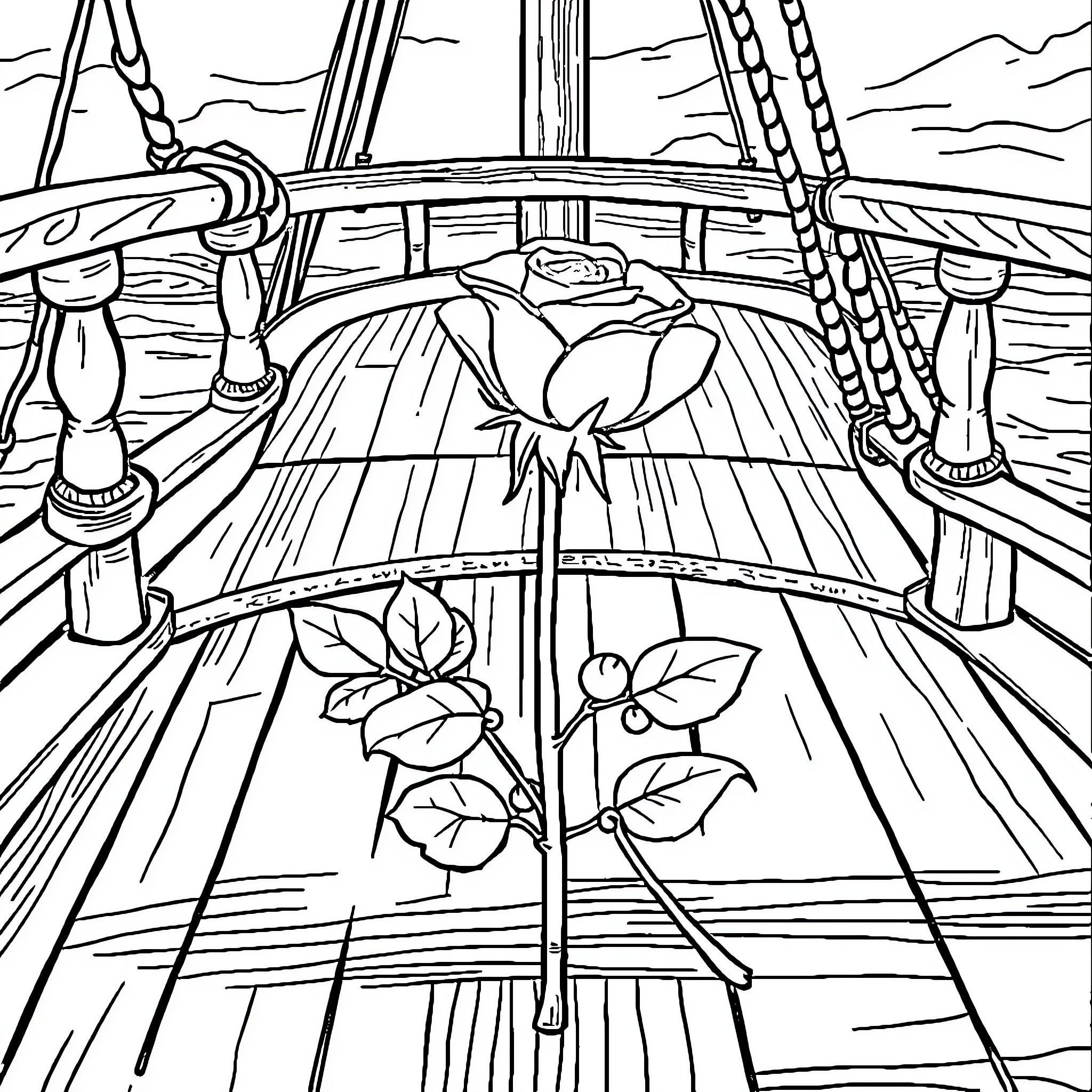 Rose's Tranquil Voyage on a Sailboat Coloring Page (free black-and-white line drawing printable PDF for all, from beginners to advanced learners, including children, teens, adults, and seniors)