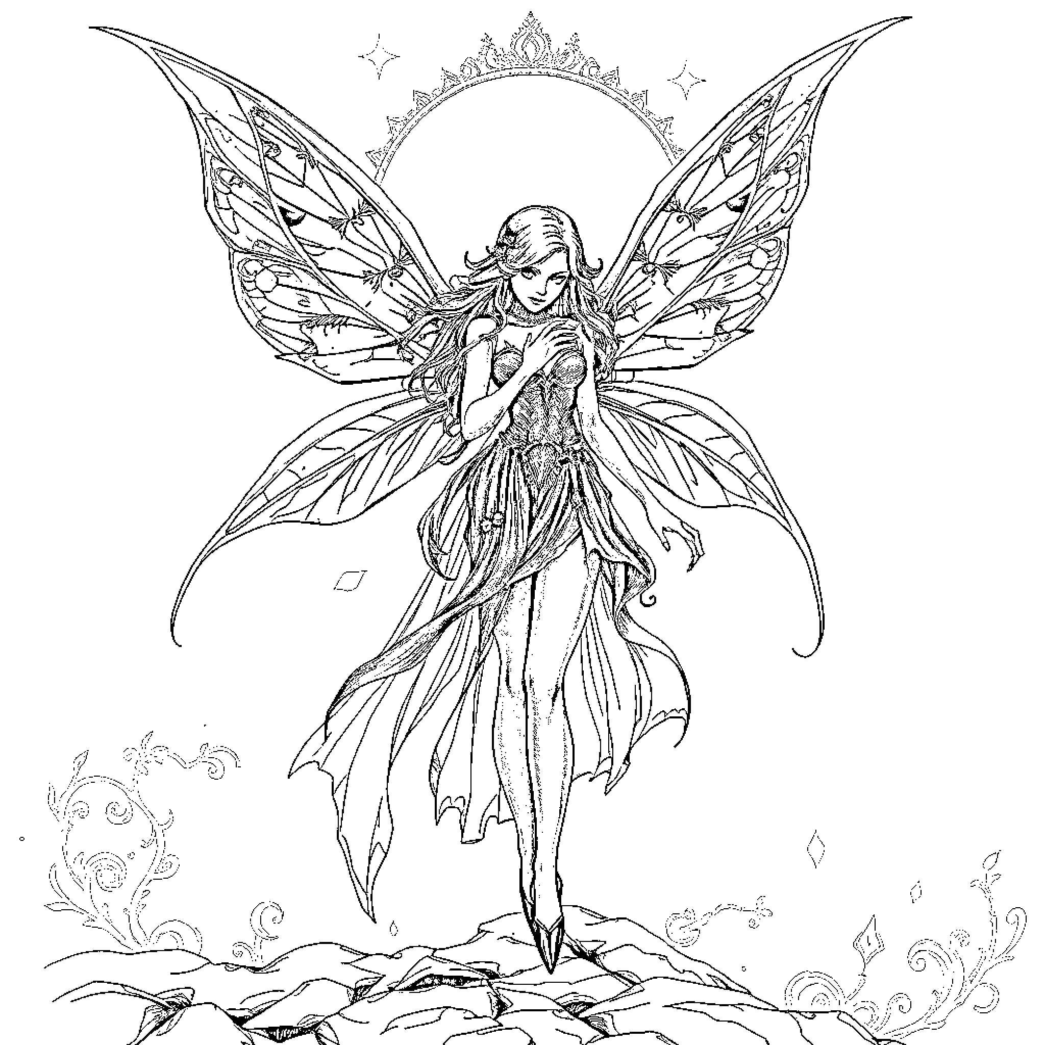 Fairy Queen in Elegant Attire Coloring Page (free black-and-white line drawing printable PDF for all, from beginners to advanced learners, including children, teens, adults, and seniors)