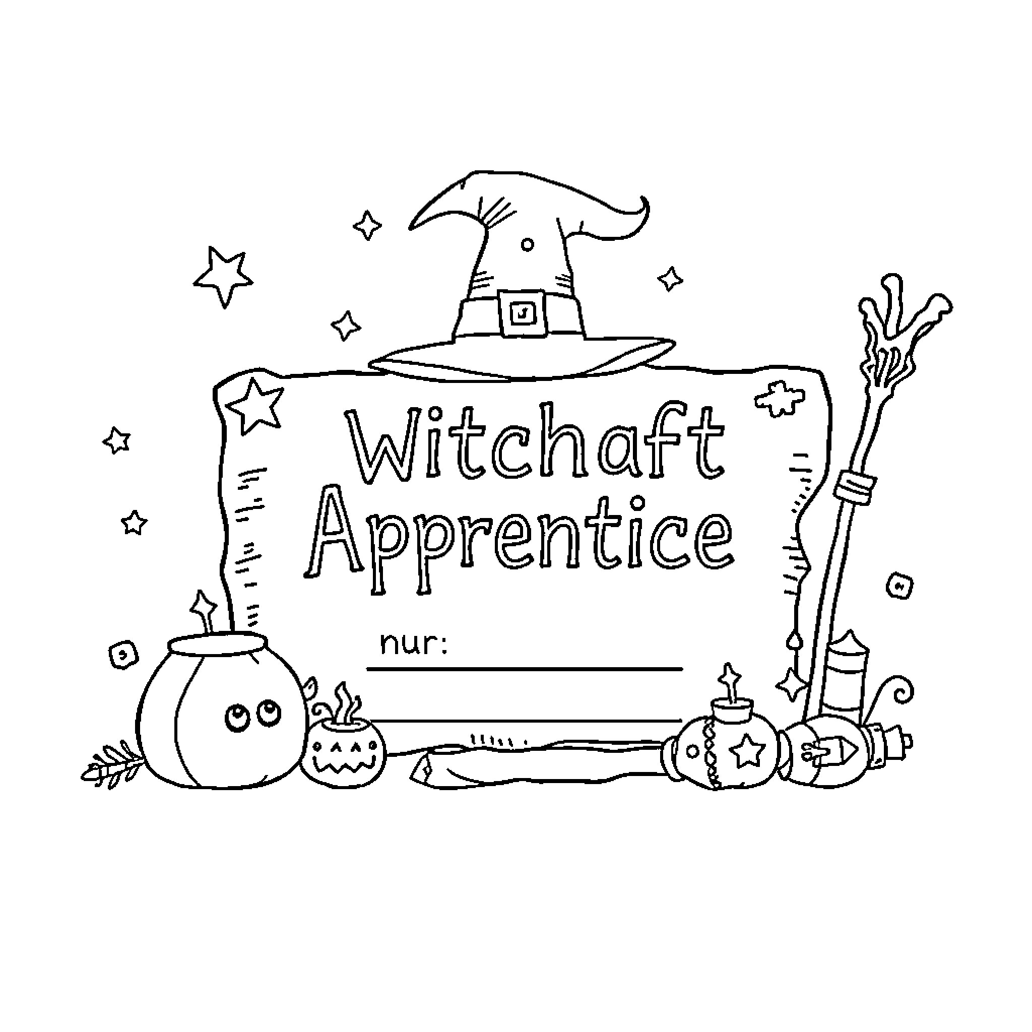 Witch Apprentice Practicing Magic with Spooky Accessories Coloring Page (free black-and-white line drawing printable PDF for all, from beginners to advanced learners, including children, teens, adults, and seniors)