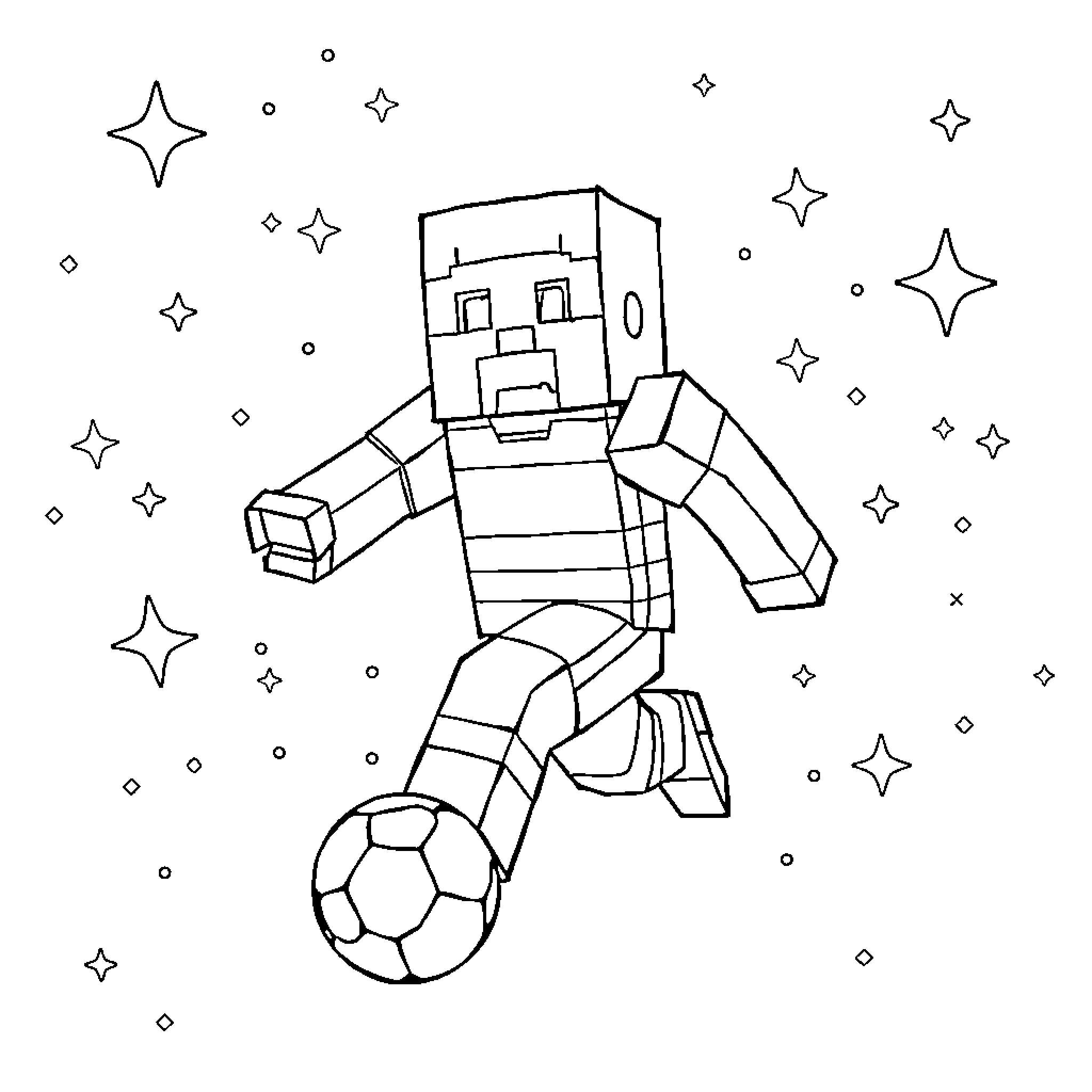 Minecraft Character Playing Soccer Under the Stars Coloring Page (free black-and-white line drawing printable PDF for all, from beginners to advanced learners, including children, teens, adults, and seniors)