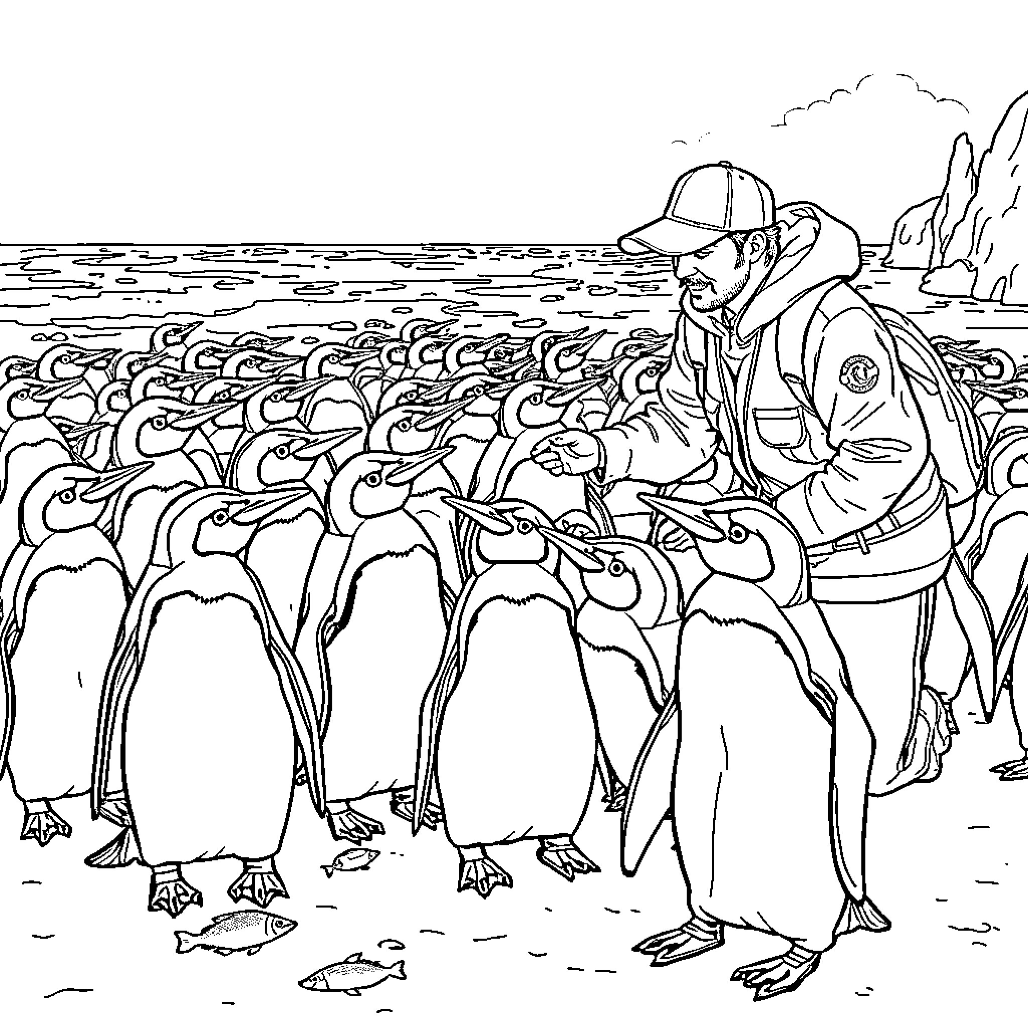 Penguin researcher observing a colony of penguins Coloring Page (free black-and-white line drawing printable PDF for all, from beginners to advanced learners, including children, teens, adults, and seniors)