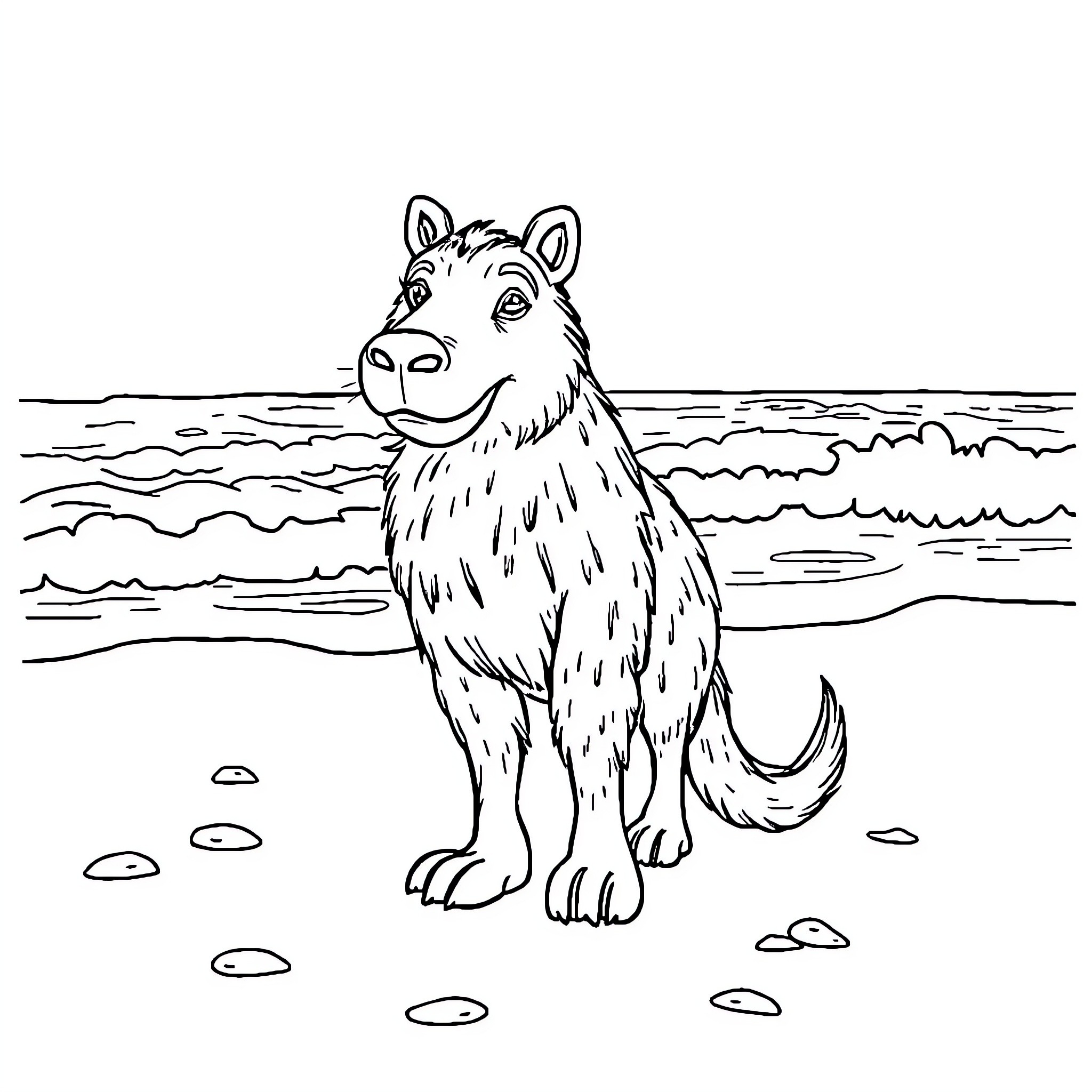 Kraft Wolf Exploring Tranquil Waters Coloring Page (free black-and-white line drawing printable PDF for all, from beginners to advanced learners, including children, teens, adults, and seniors)
