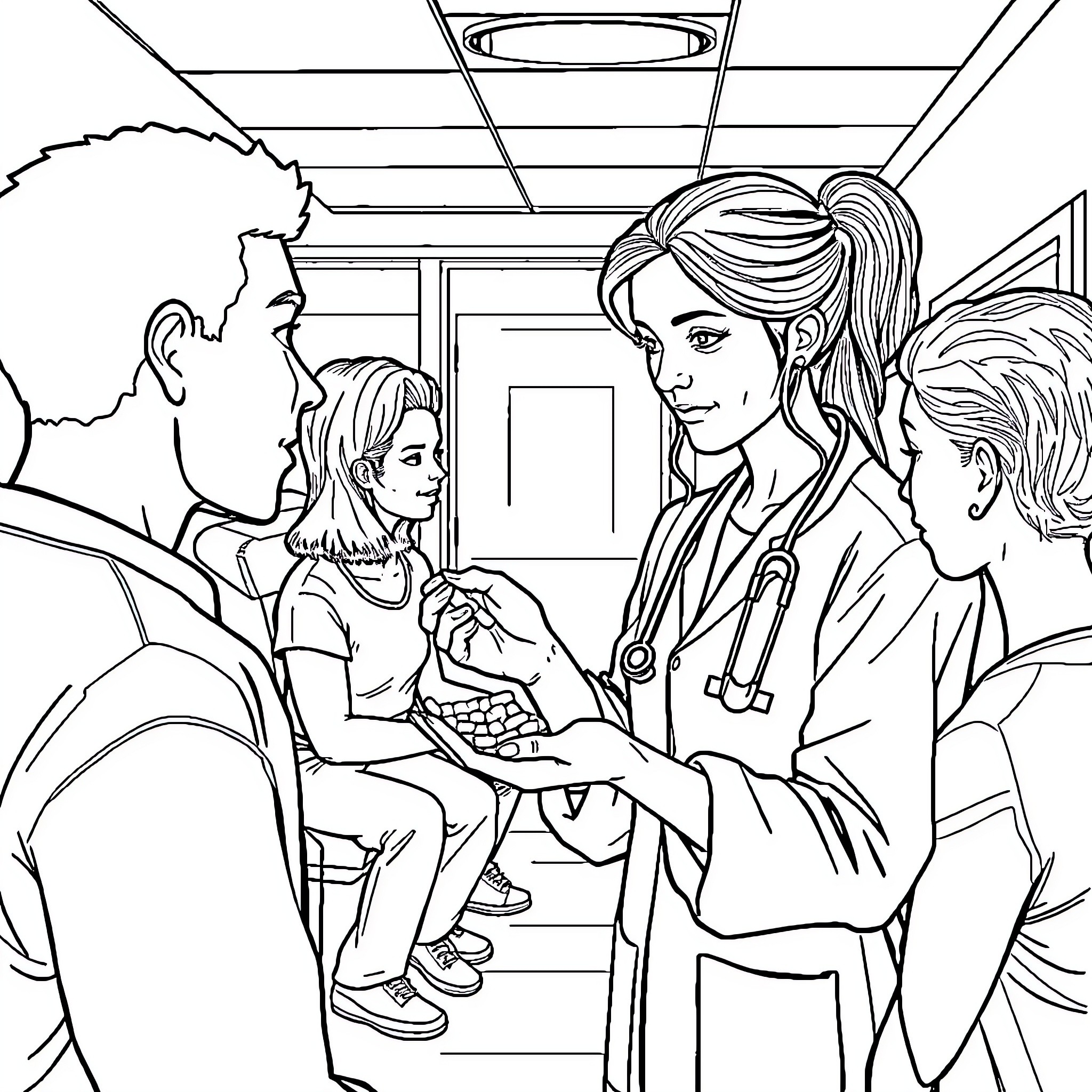Nurse providing medical care to patient Coloring Page (free black-and-white line drawing printable PDF for all, from beginners to advanced learners, including children, teens, adults, and seniors)