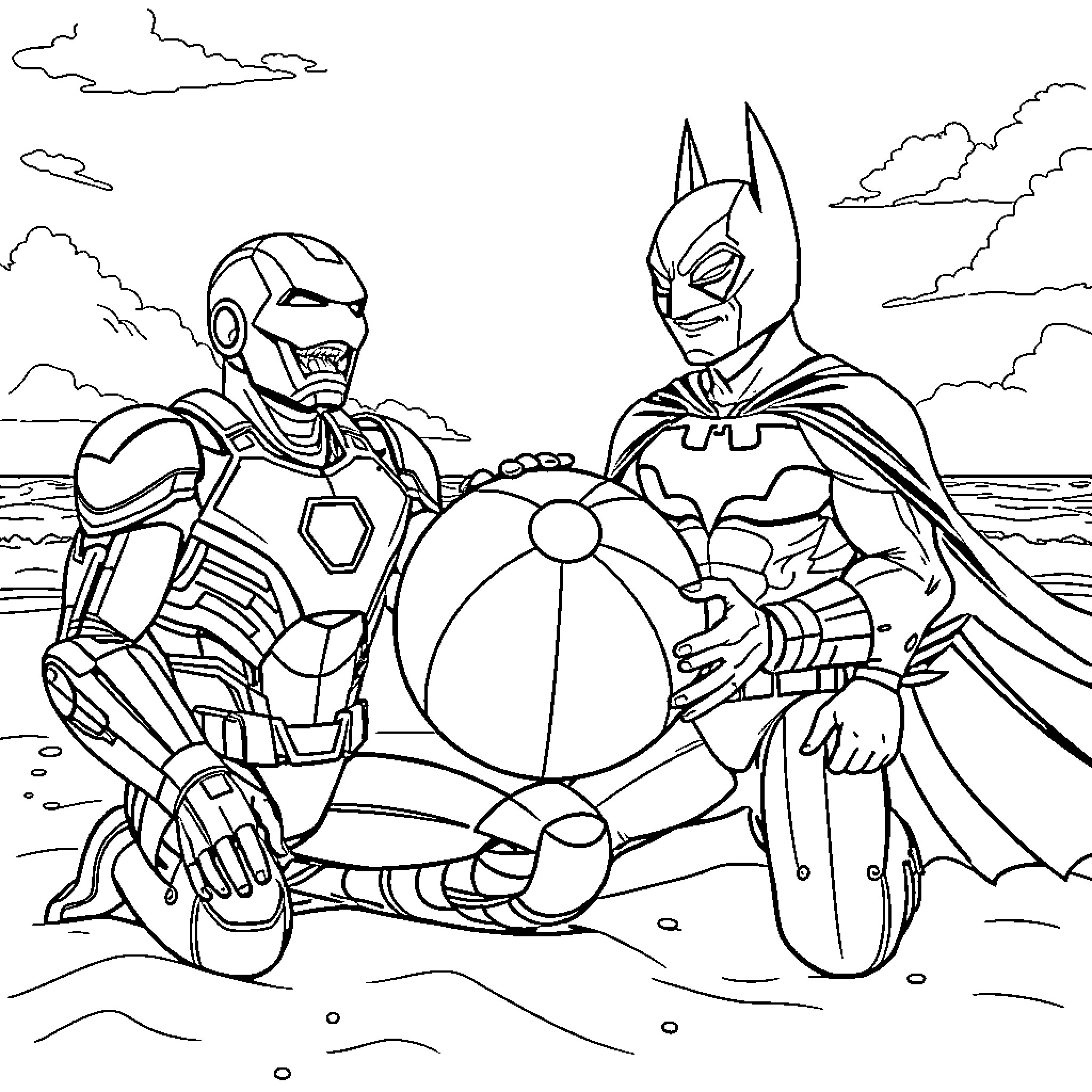 Ironman and Batman on a Beachfront Adventure Coloring Page (free black-and-white line drawing printable PDF for all, from beginners to advanced learners, including children, teens, adults, and seniors)