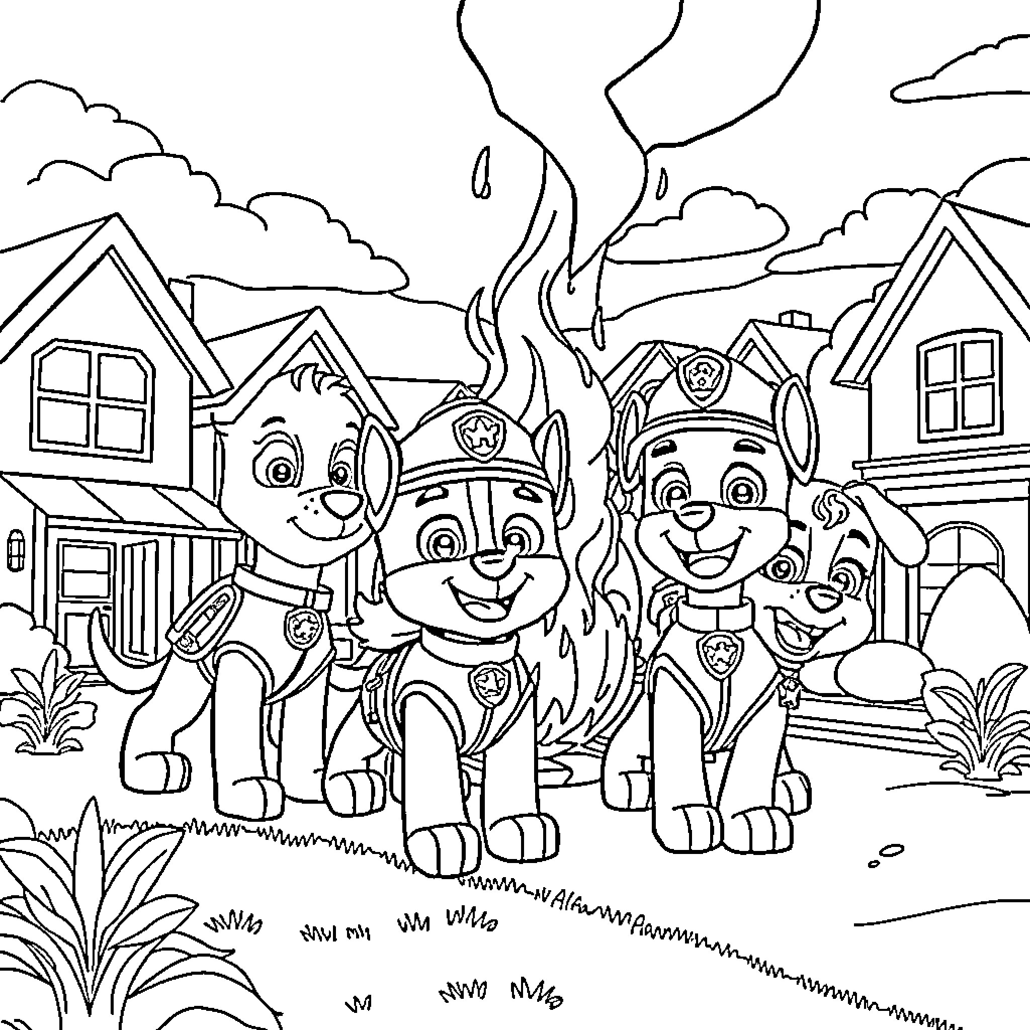 Paw Patrol characters in an animated scene Coloring Page (free black-and-white line drawing printable PDF for all, from beginners to advanced learners, including children, teens, adults, and seniors)