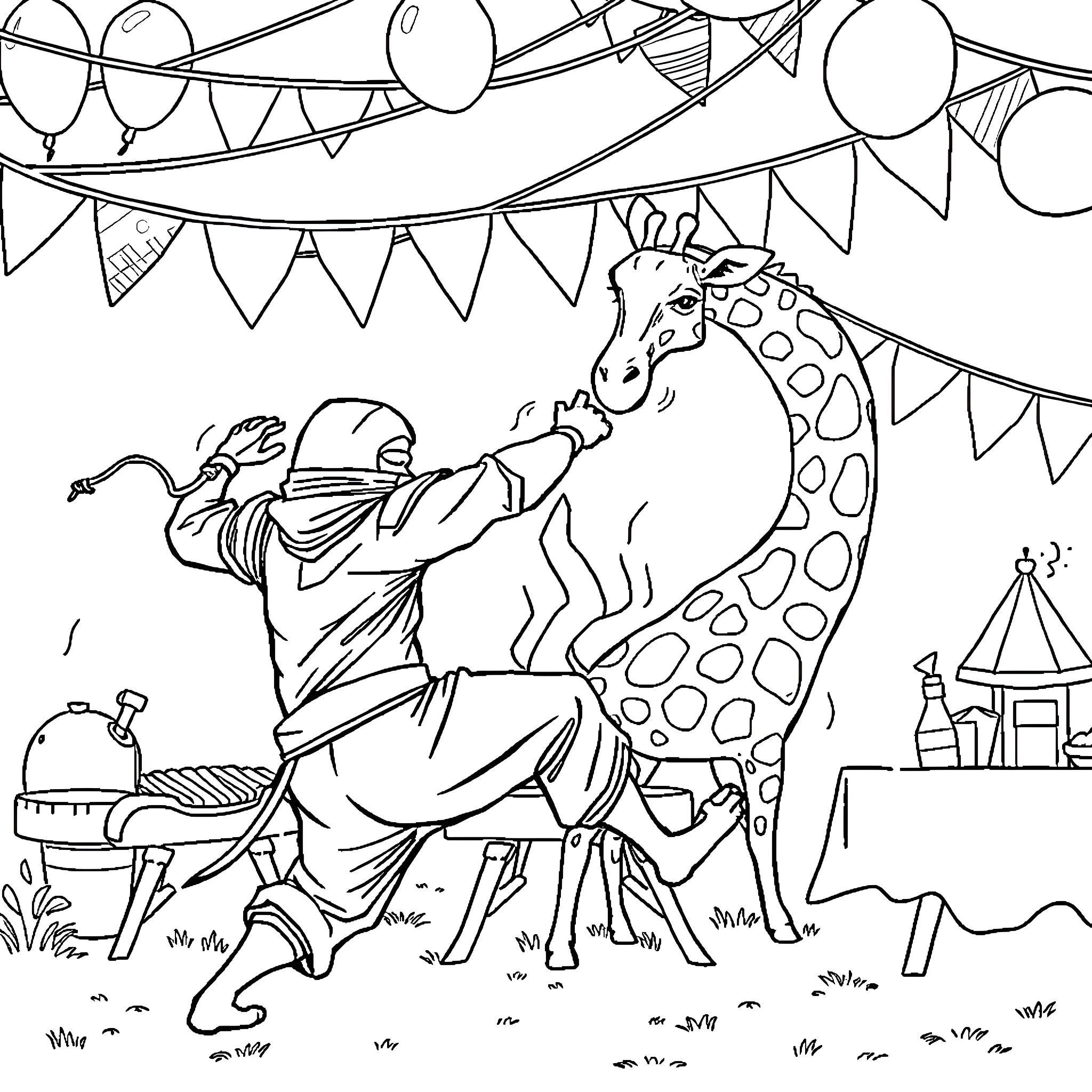 Ninja interacts playfully with a friendly giraffe at a festive carnival Coloring Page (free black-and-white line drawing printable PDF for all, from beginners to advanced learners, including children, teens, adults, and seniors)