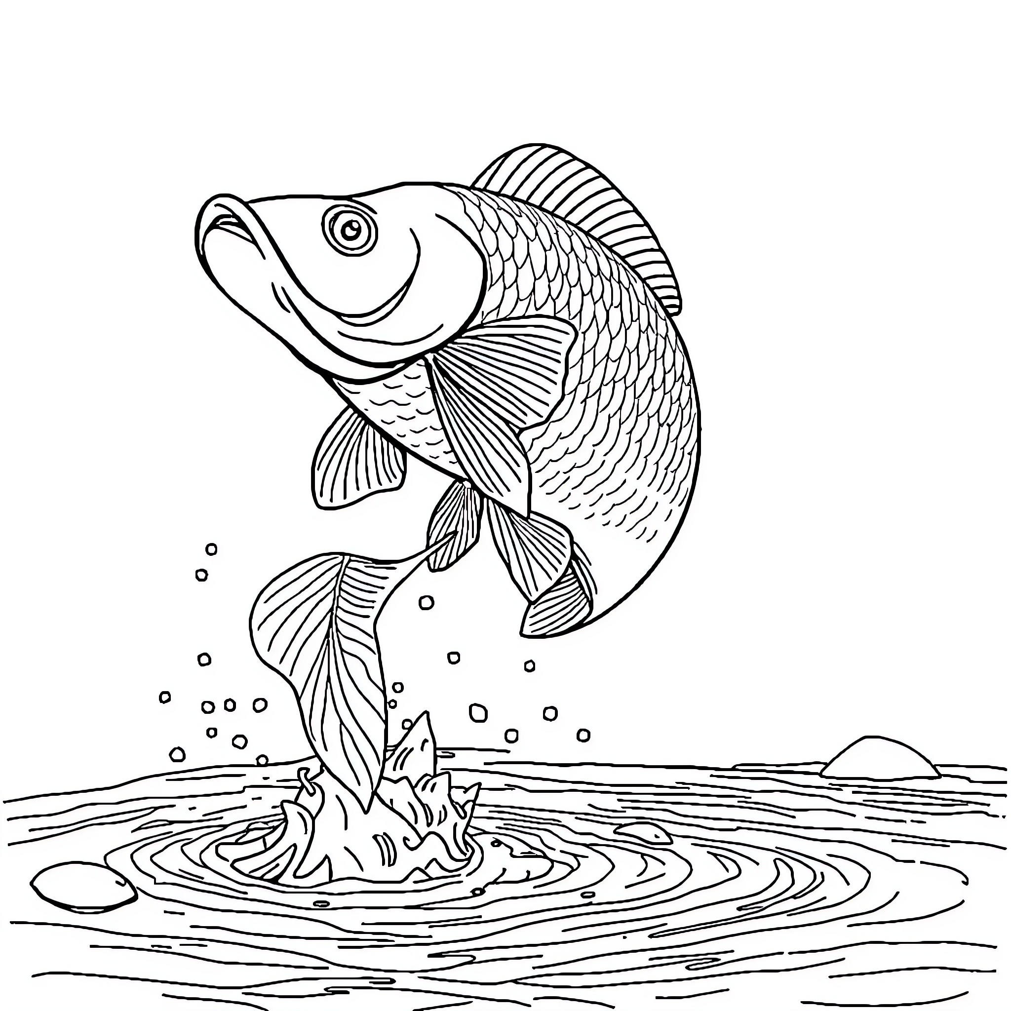 Carp jumping out of water in rippling pond Coloring Page (free black-and-white line drawing printable PDF for all, from beginners to advanced learners, including children, teens, adults, and seniors)