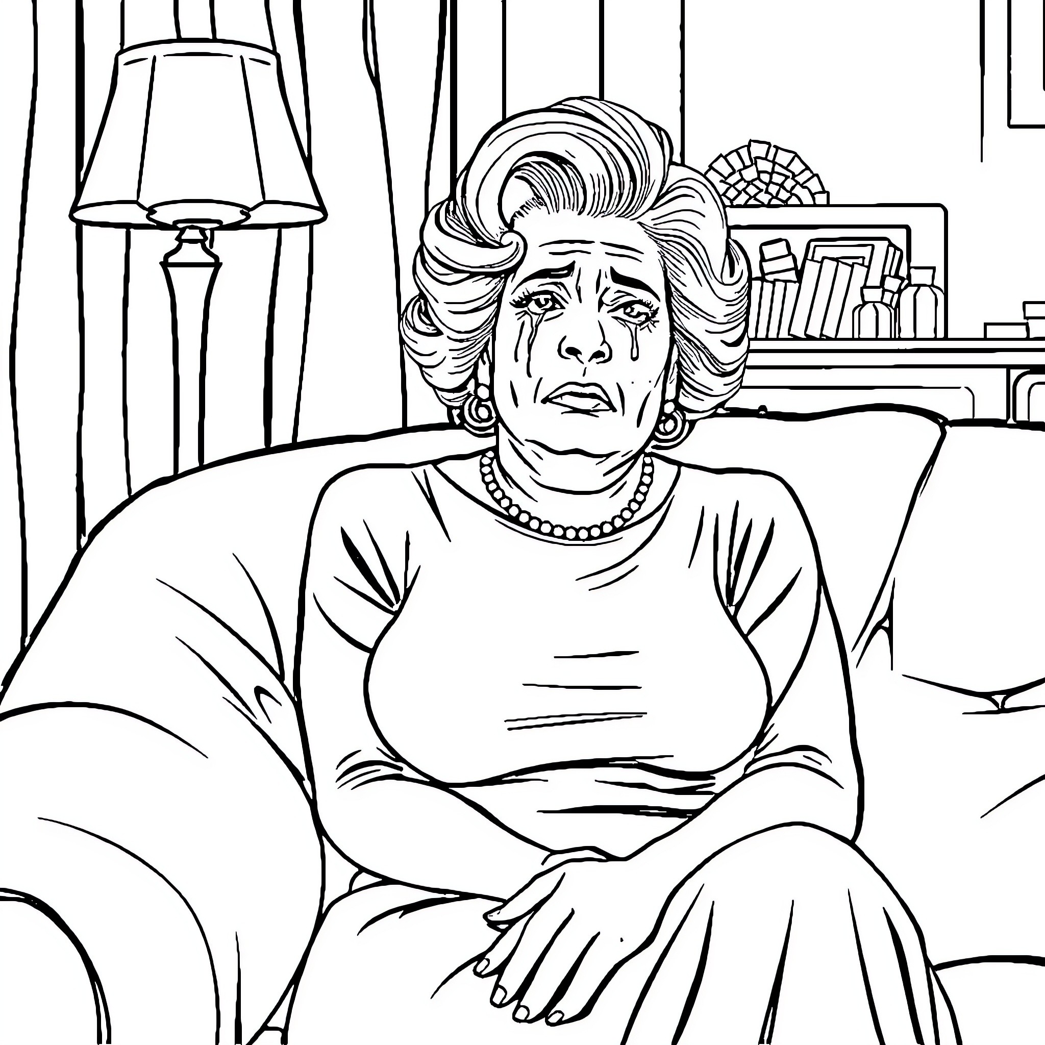 Bette Midler in a pensive moment Coloring Page (free black-and-white line drawing printable PDF for all, from beginners to advanced learners, including children, teens, adults, and seniors)