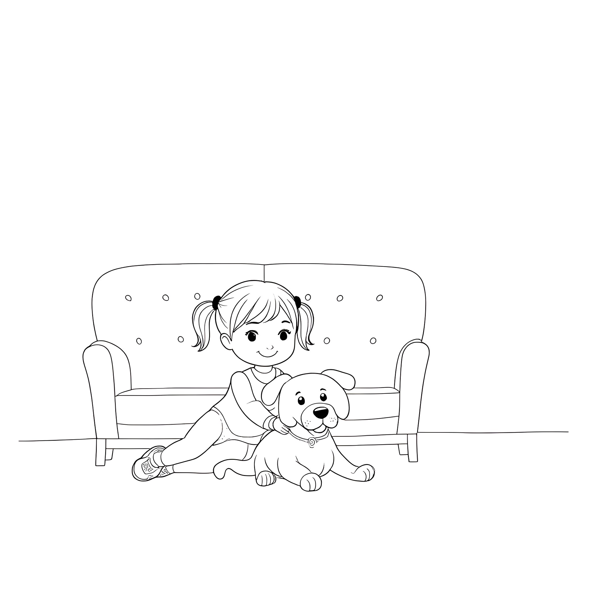 Toddler girl playing with puppy on couch Coloring Page (free black-and-white line drawing printable PDF for all, from beginners to advanced learners, including children, teens, adults, and seniors)
