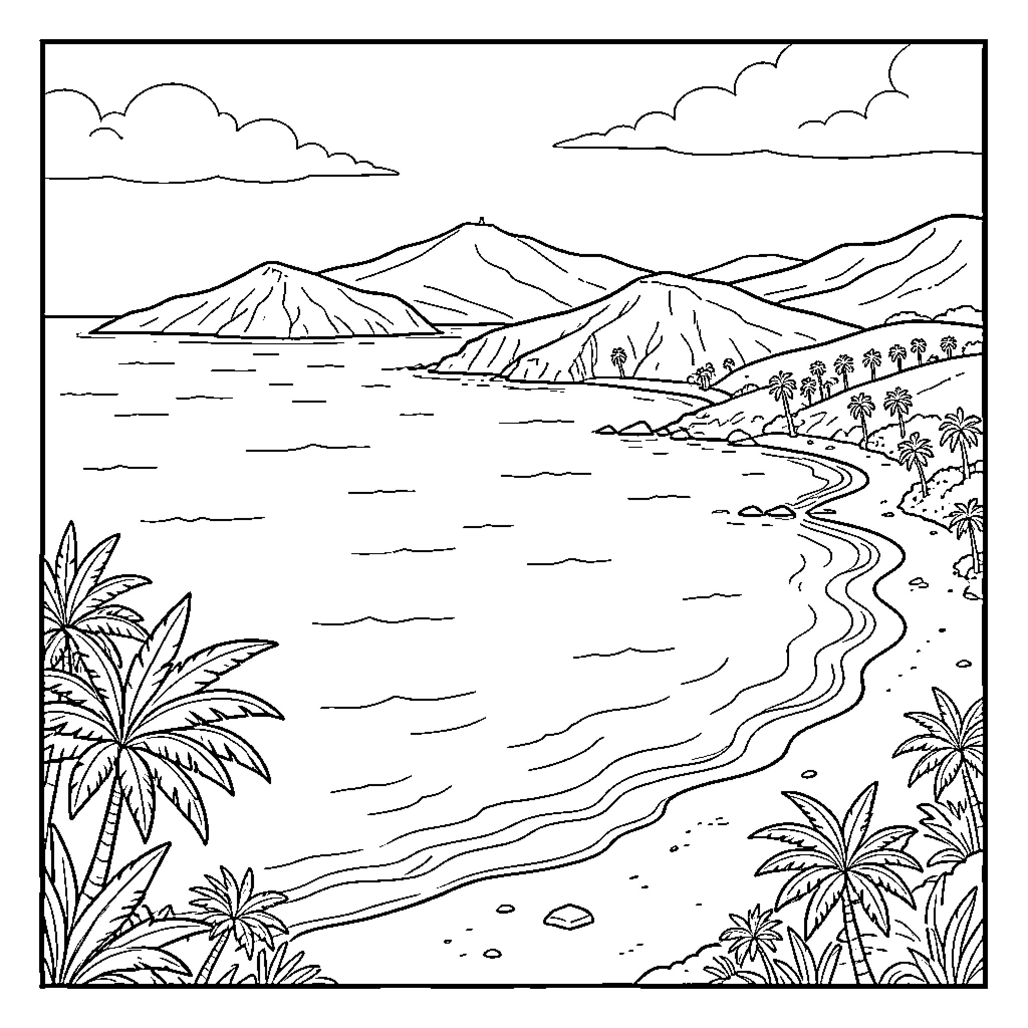 Canary Islands scenic beach and mountain landscape Coloring Page (free black-and-white line drawing printable PDF for all, from beginners to advanced learners, including children, teens, adults, and seniors)