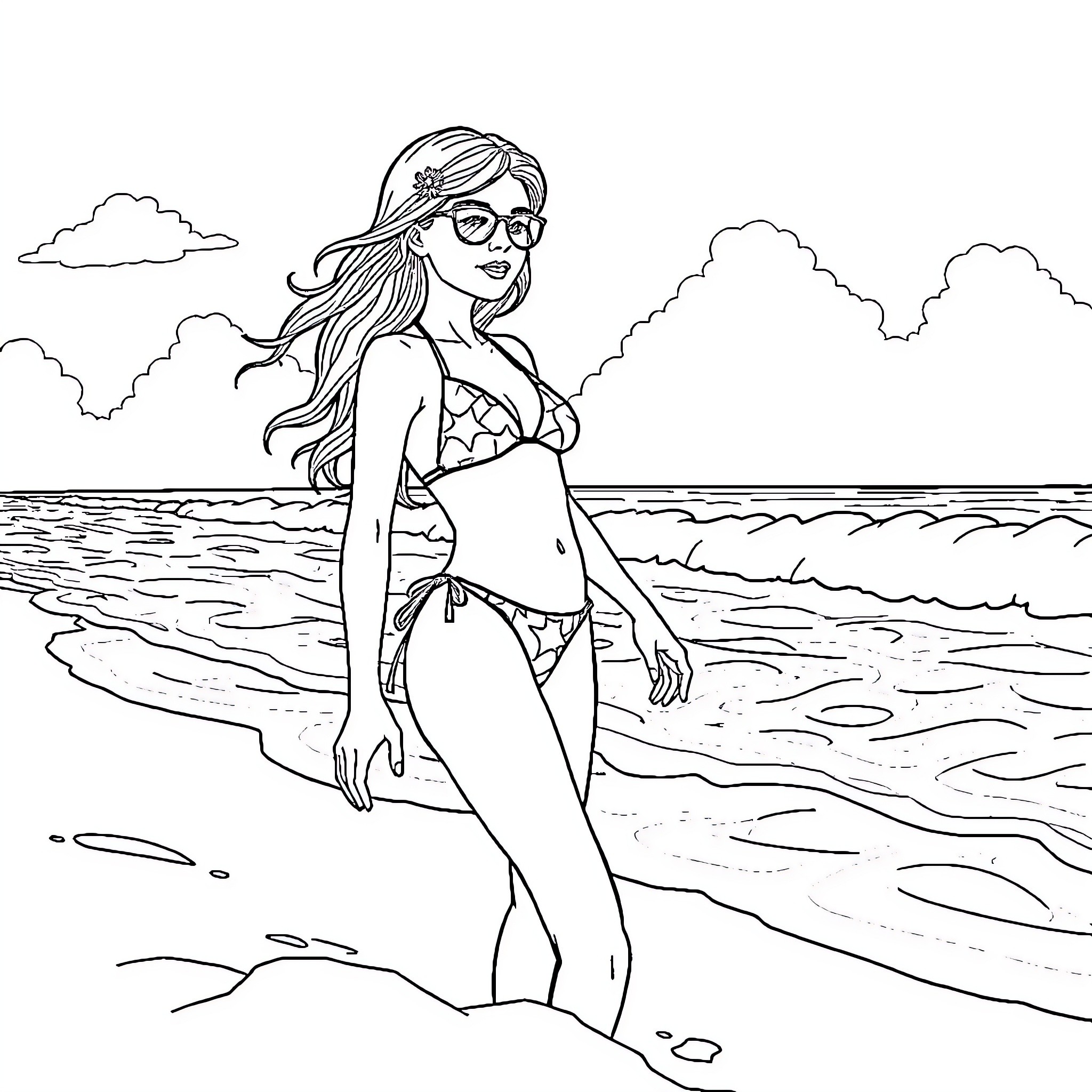 Girl in Swimsuit Enjoys the Beach Coloring Page (free black-and-white line drawing printable PDF for all, from beginners to advanced learners, including children, teens, adults, and seniors)