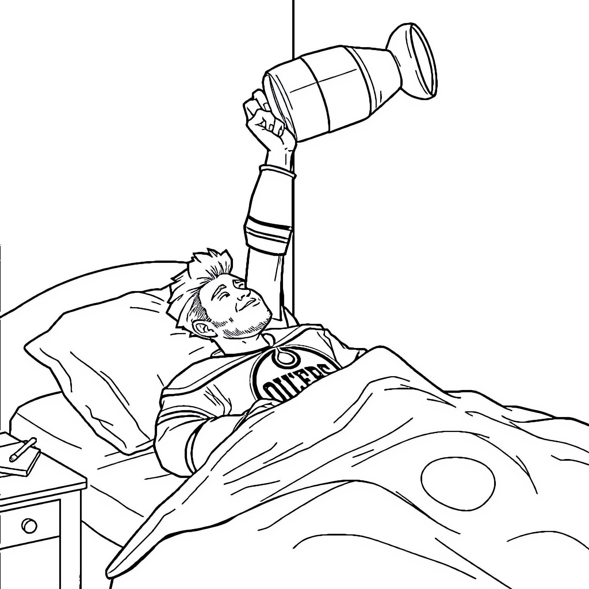 Connor McDavid relaxing in hospital bed Coloring Page (free black-and-white line drawing printable PDF for all, from beginners to advanced learners, including children, teens, adults, and seniors)