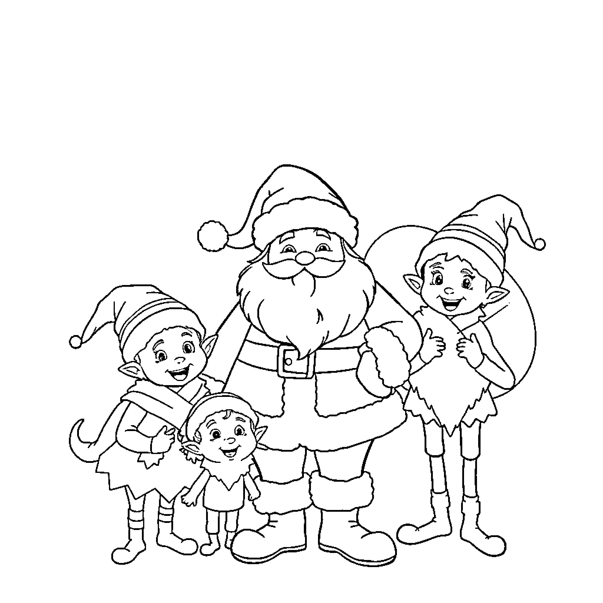 Santa Claus with Cheerful Elves and Helpers Coloring Page (free black-and-white line drawing printable PDF for all, from beginners to advanced learners, including children, teens, adults, and seniors)