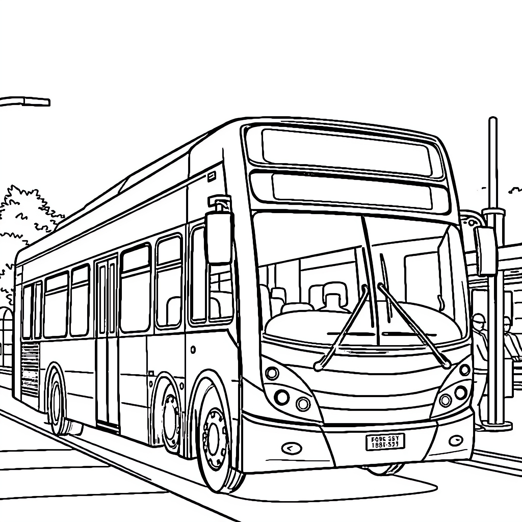 Bus transporting passengers through urban landscape Coloring Page (free black-and-white line drawing printable PDF for all, from beginners to advanced learners, including children, teens, adults, and seniors)