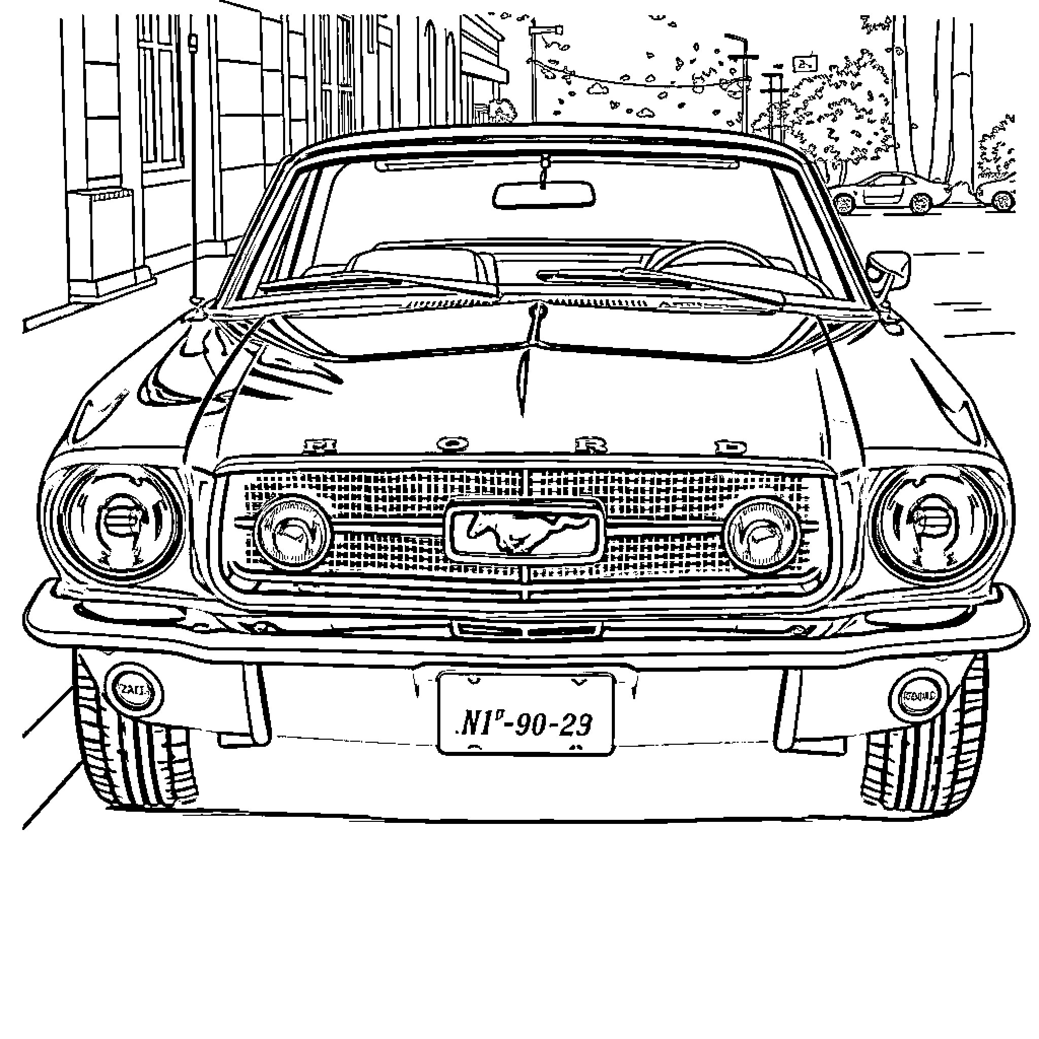 Ford Mustang vintage car on city street Coloring Page (free black-and-white line drawing printable PDF for all, from beginners to advanced learners, including children, teens, adults, and seniors)
