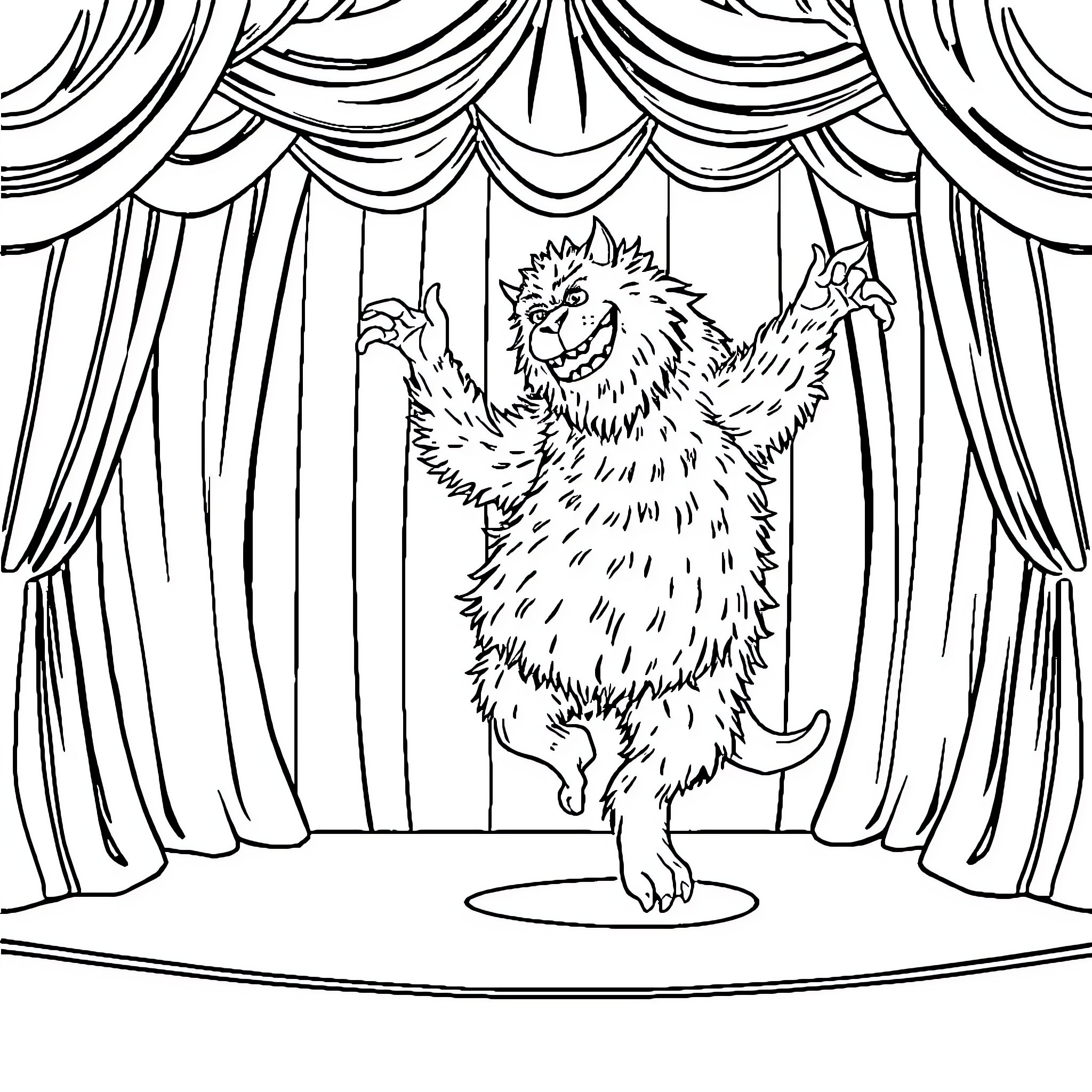 Monster performing on stage with curtains Coloring Page (free black-and-white line drawing printable PDF for all, from beginners to advanced learners, including children, teens, adults, and seniors)
