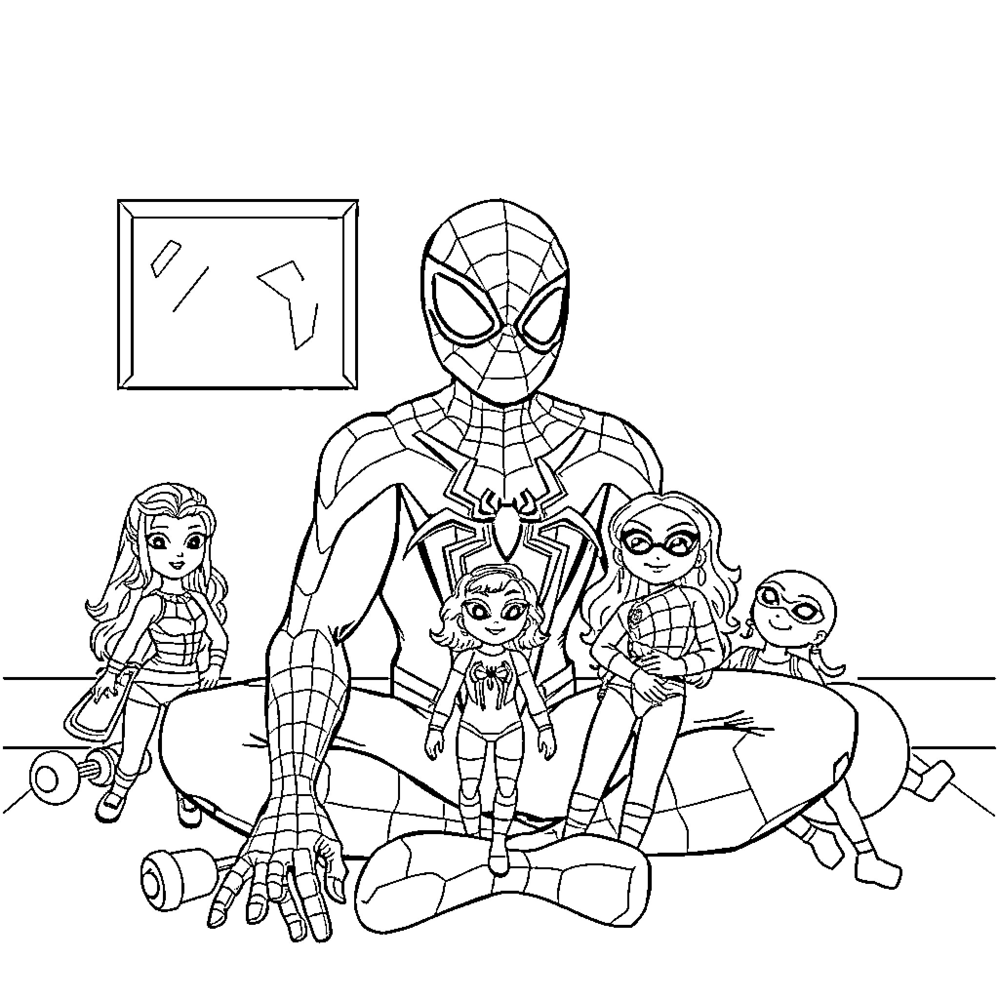 Spider-Man and friends in heroic poses Coloring Page (free black-and-white line drawing printable PDF for all, from beginners to advanced learners, including children, teens, adults, and seniors)