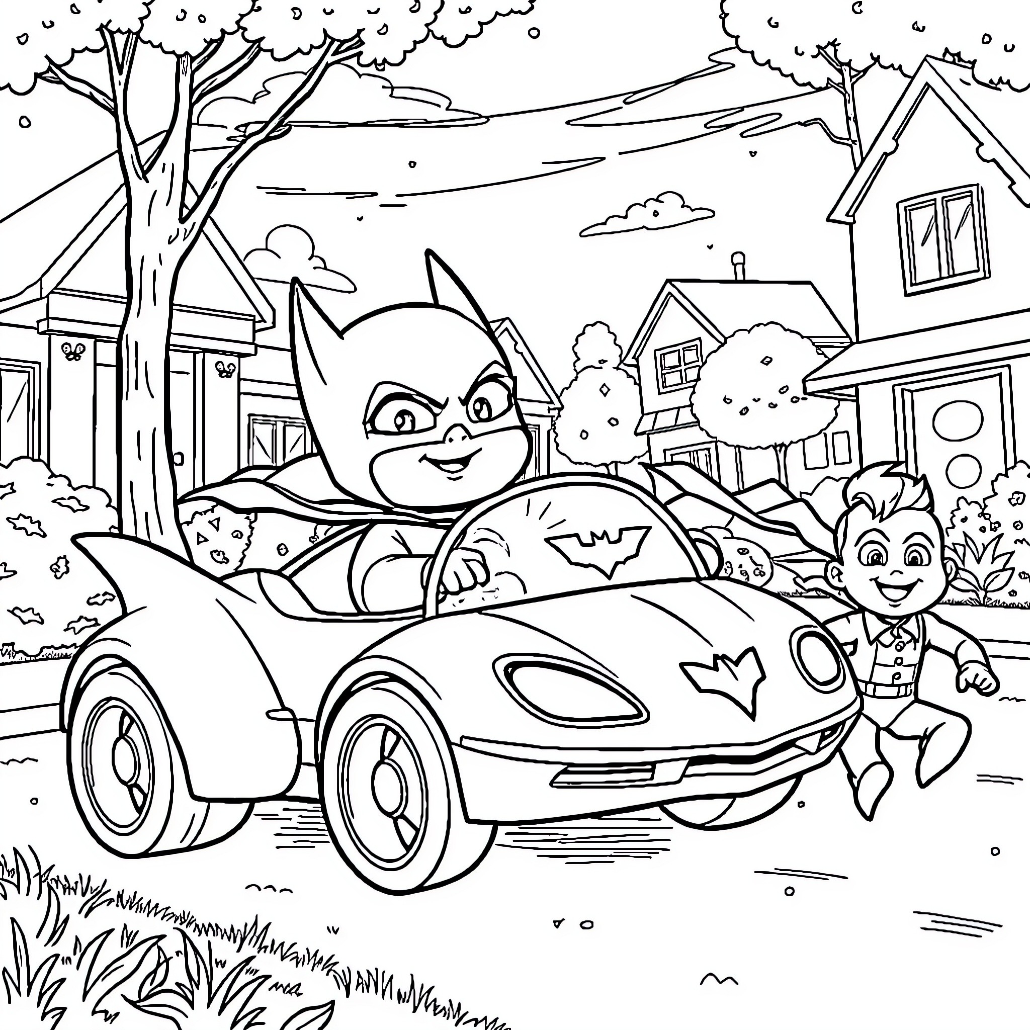 Batman drives super cool car in neighborhood Coloring Page (free black-and-white line drawing printable PDF for all, from beginners to advanced learners, including children, teens, adults, and seniors)
