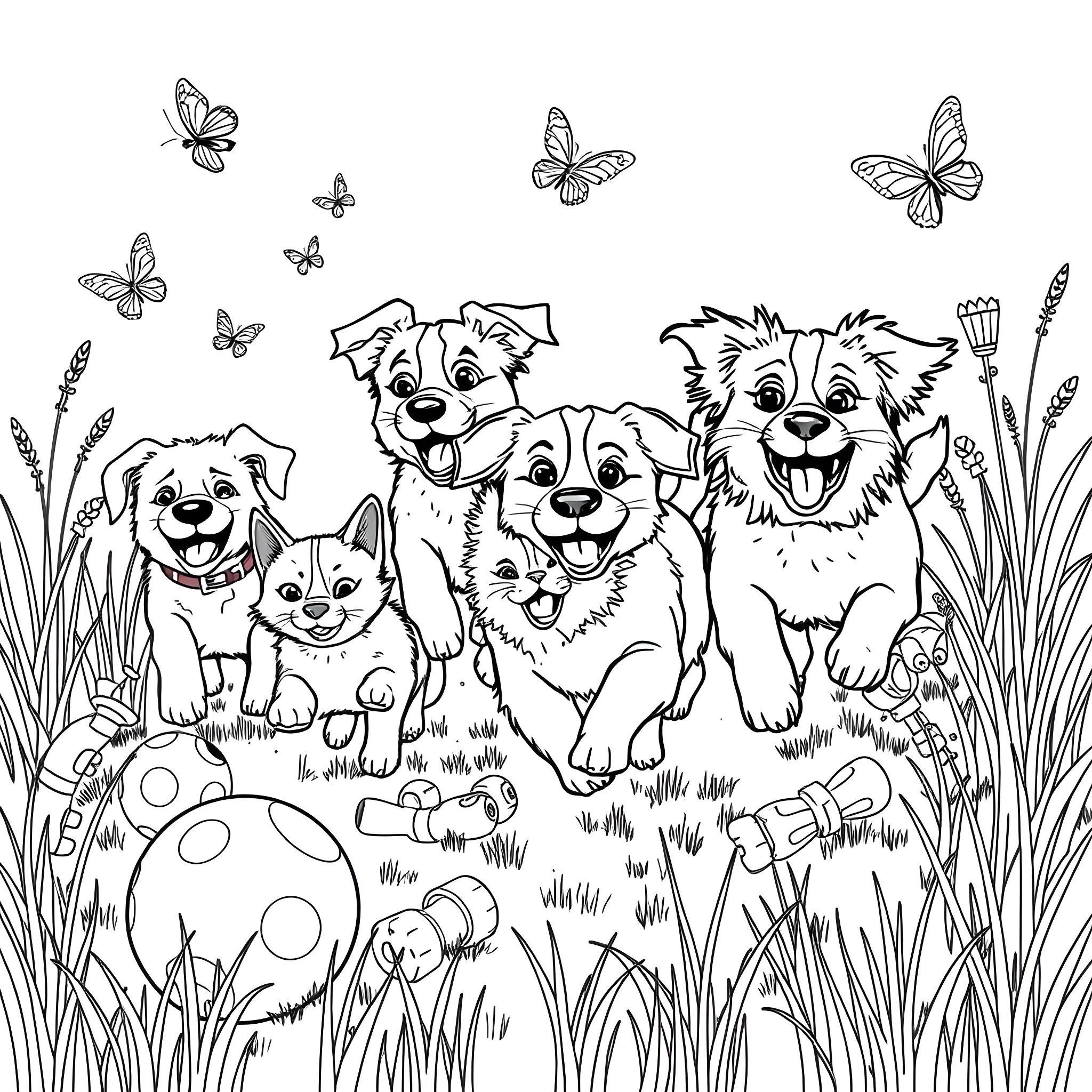 Dog family playing in garden with butterflies Coloring Page (free black-and-white line drawing printable PDF for all, from beginners to advanced learners, including children, teens, adults, and seniors)