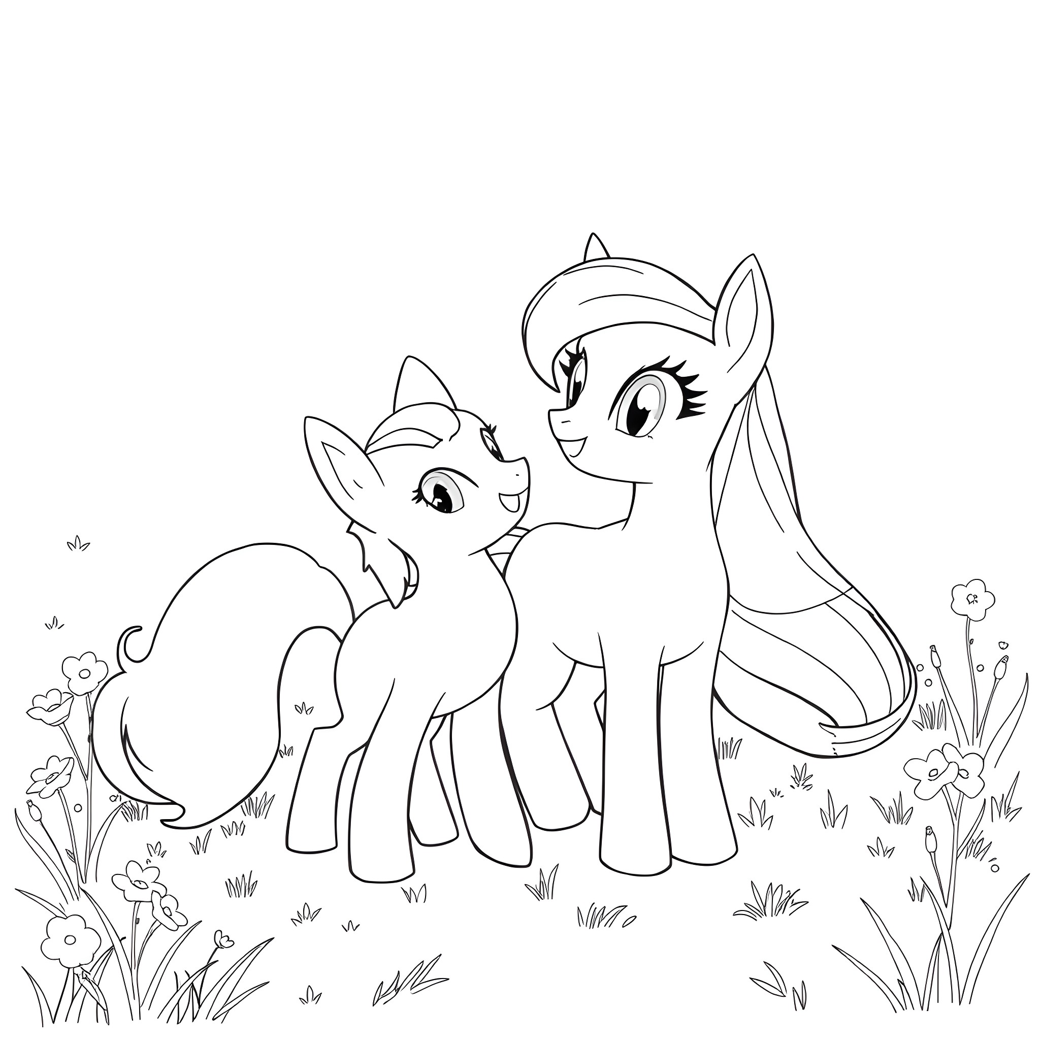 Fox-like creatures exploring a floral field Coloring Page (free black-and-white line drawing printable PDF for all, from beginners to advanced learners, including children, teens, adults, and seniors)