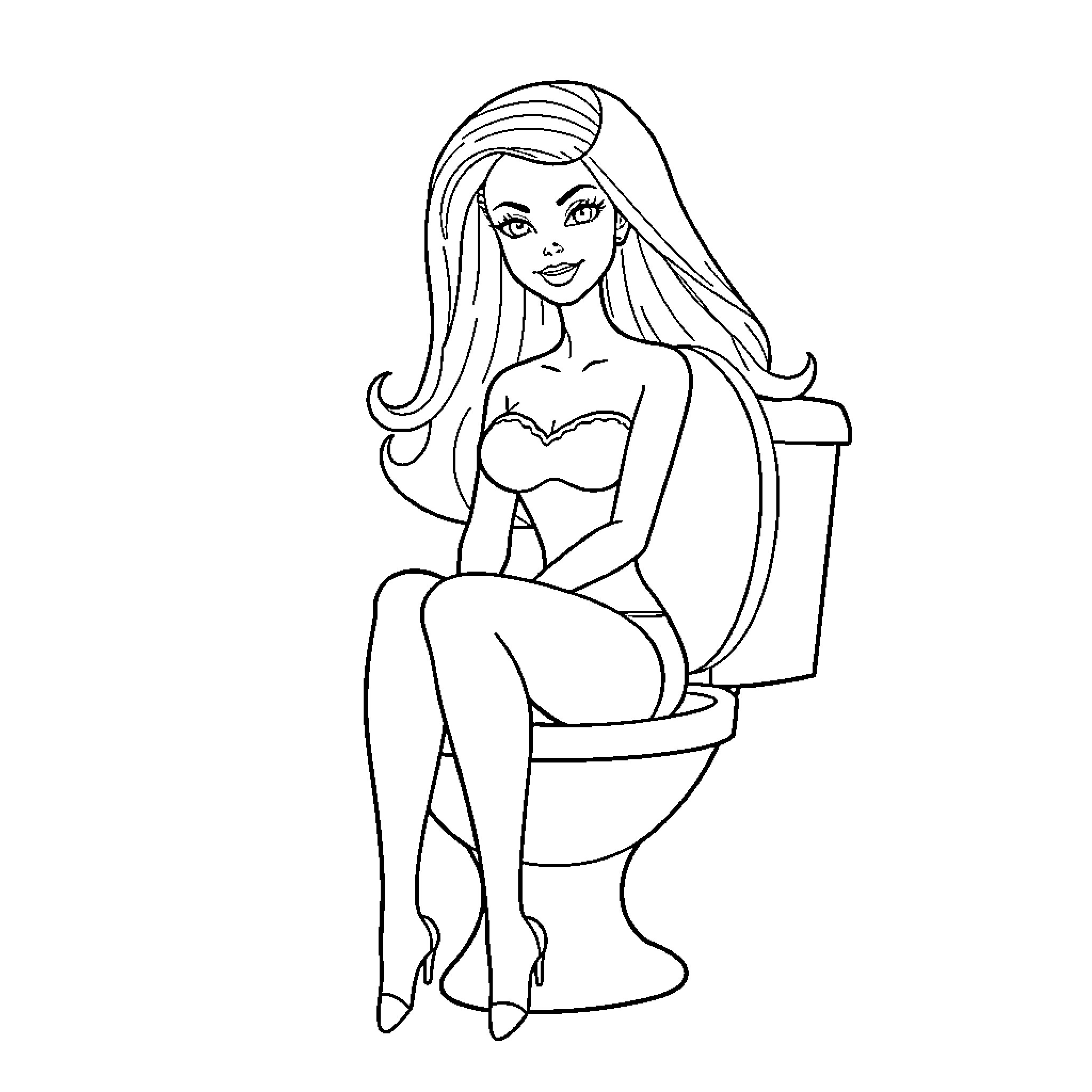 Barbie sitting on toilet with long hair Coloring Page (free black-and-white line drawing printable PDF for all, from beginners to advanced learners, including children, teens, adults, and seniors)