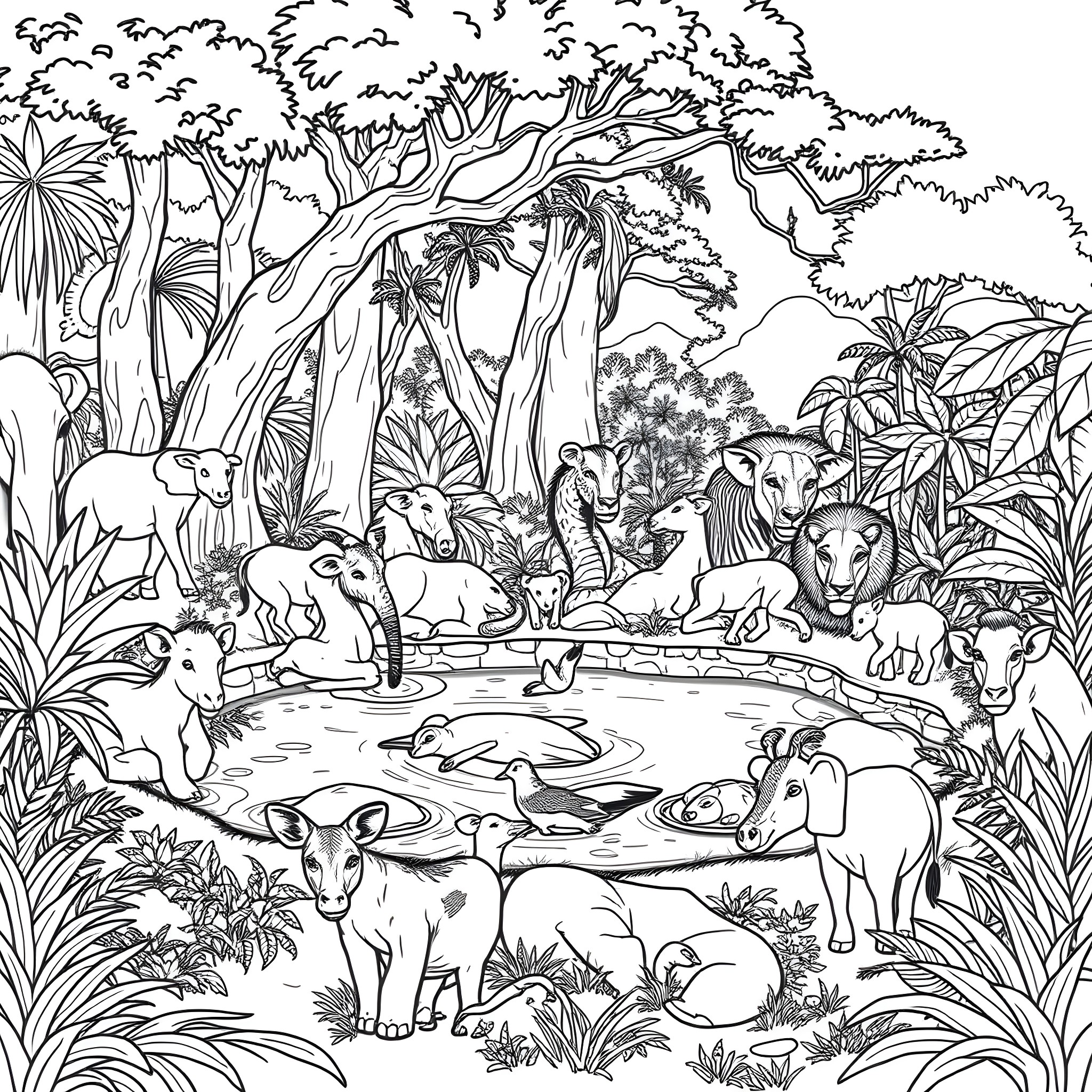 Animal Gathering in the Lush Jungle Landscape Coloring Page (free black-and-white line drawing printable PDF for all, from beginners to advanced learners, including children, teens, adults, and seniors)