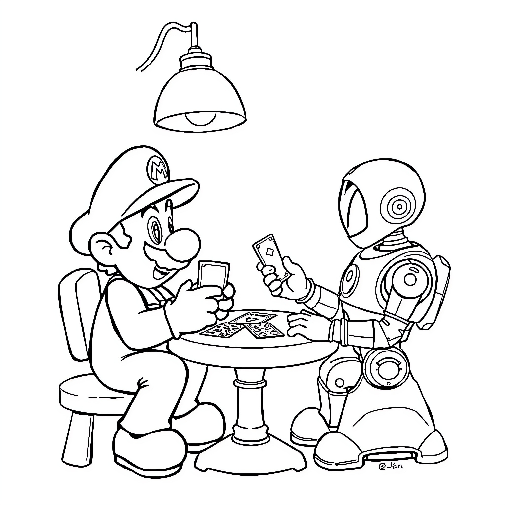 Mario's Friendly Chat with a Robotic Companion Coloring Page (free black-and-white line drawing printable PDF for all, from beginners to advanced learners, including children, teens, adults, and seniors)