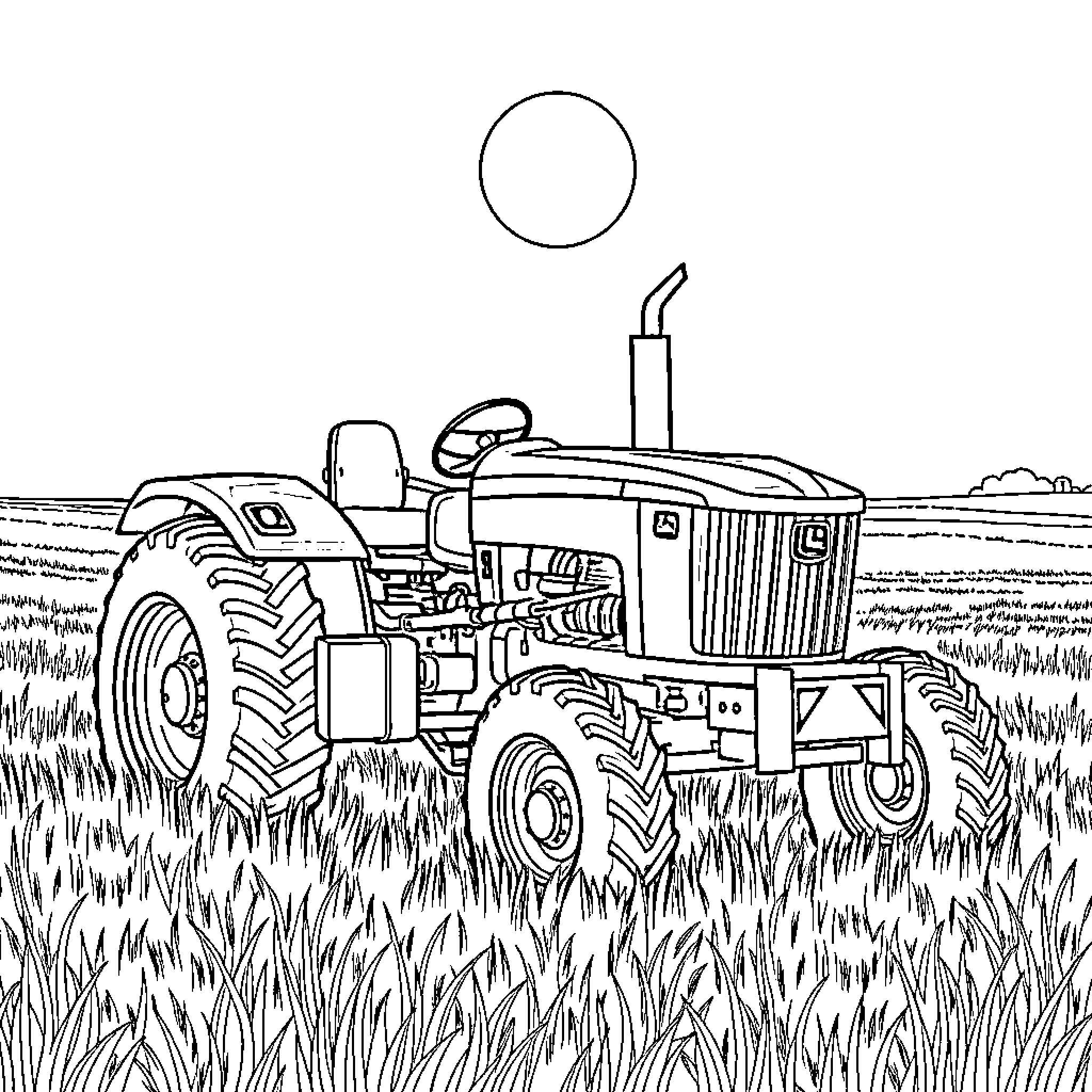 John Deere tractor operating in grassy field Coloring Page (free black-and-white line drawing printable PDF for all, from beginners to advanced learners, including children, teens, adults, and seniors)