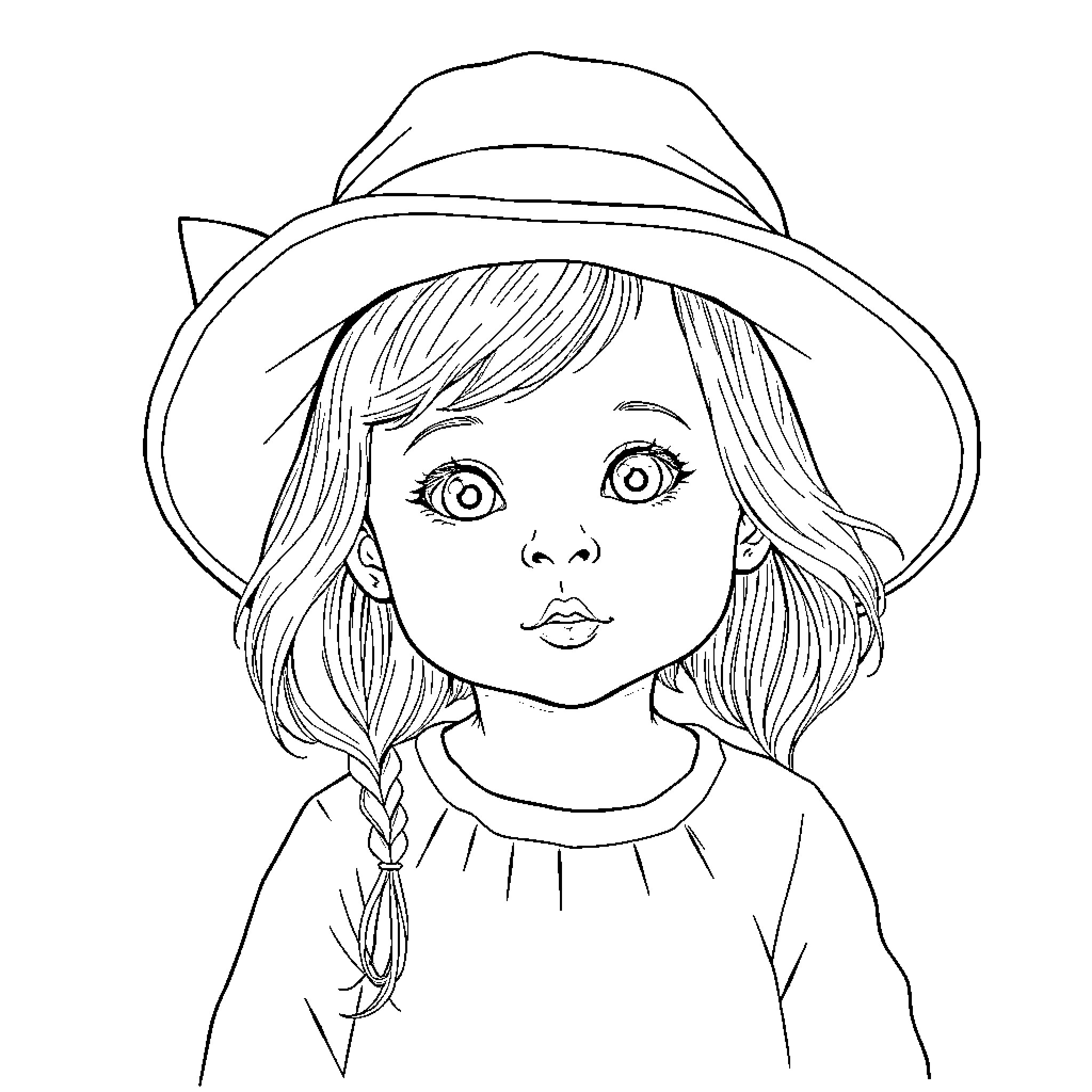 Girl in hat with braided pigtails Coloring Page (free black-and-white line drawing printable PDF for all, from beginners to advanced learners, including children, teens, adults, and seniors)