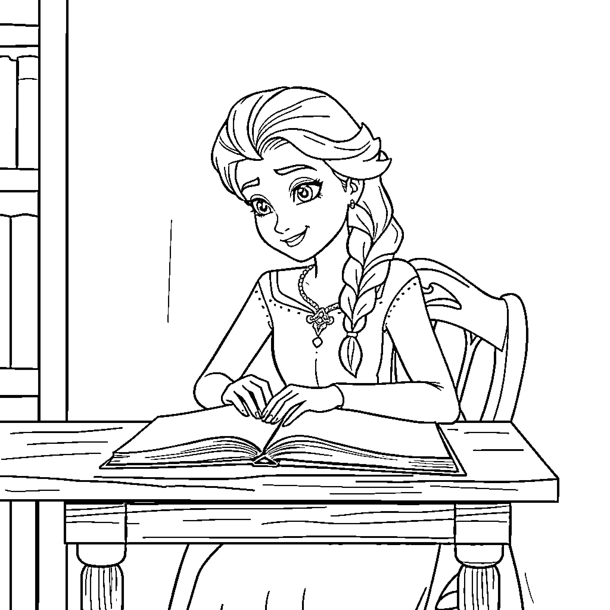Elsa diligently studying at her desk Coloring Page (free black-and-white line drawing printable PDF for all, from beginners to advanced learners, including children, teens, adults, and seniors)
