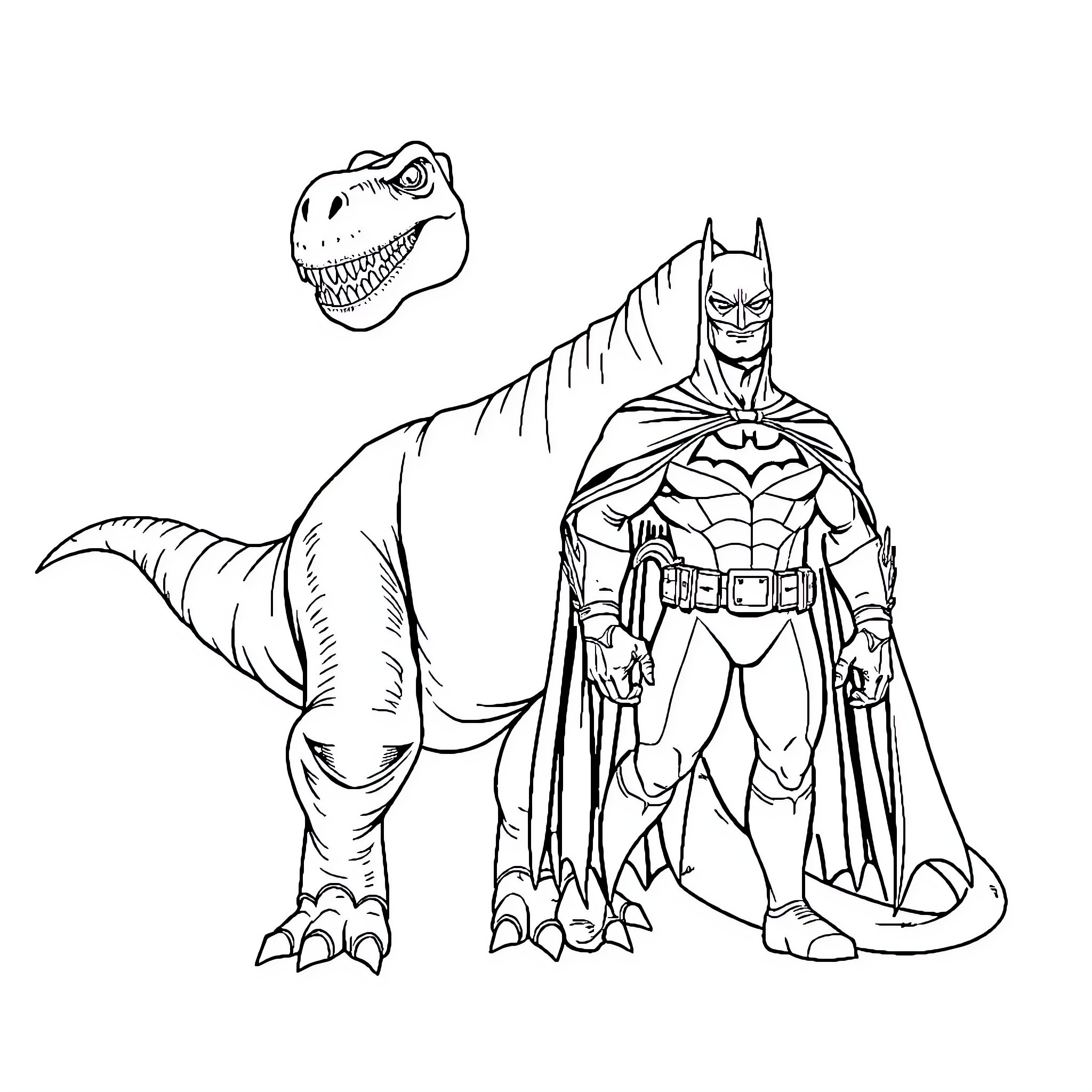 Dinosaur superhero standing tall with determination Coloring Page (free black-and-white line drawing printable PDF for all, from beginners to advanced learners, including children, teens, adults, and seniors)