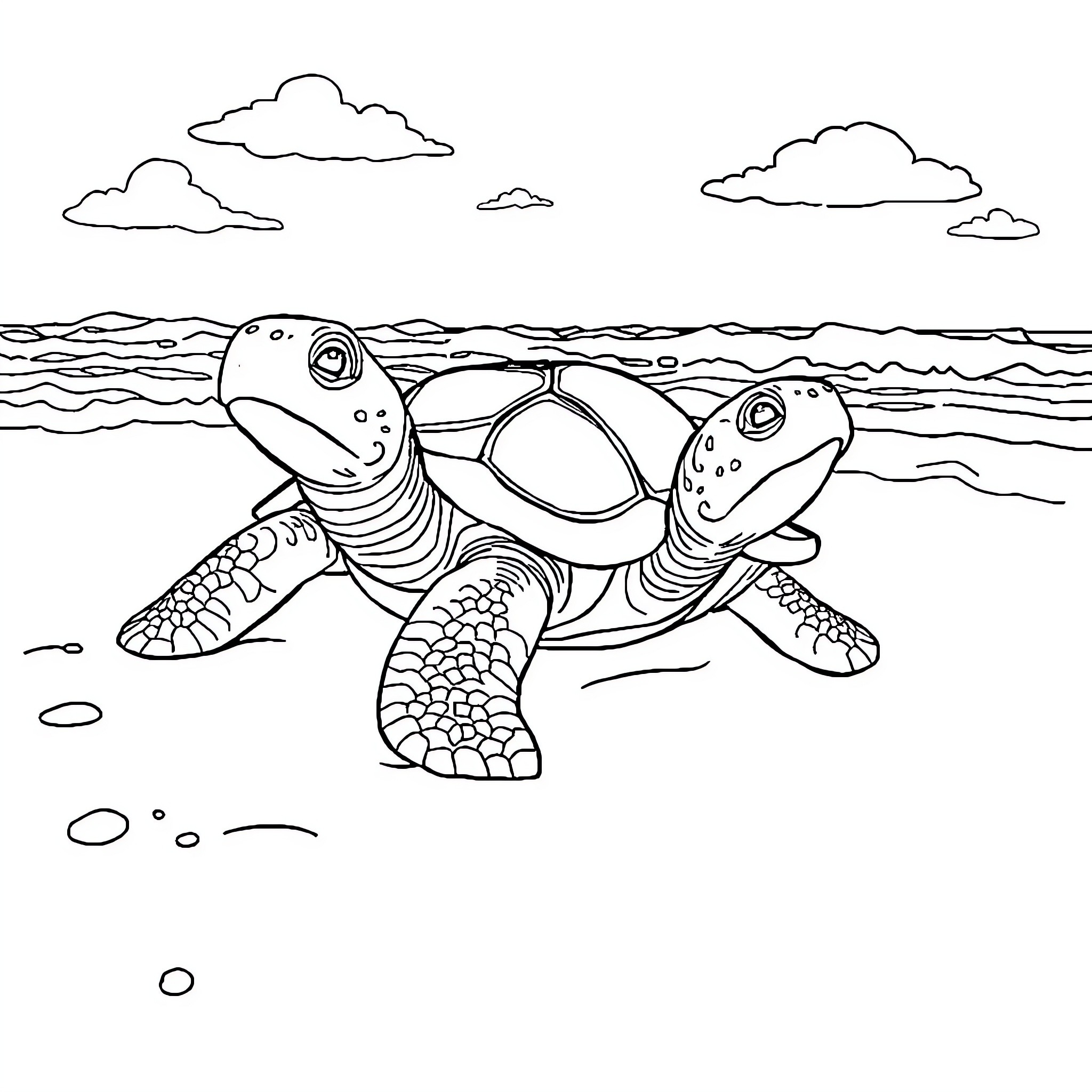 Turtles swimming together in the ocean Coloring Page (free black-and-white line drawing printable PDF for all, from beginners to advanced learners, including children, teens, adults, and seniors)