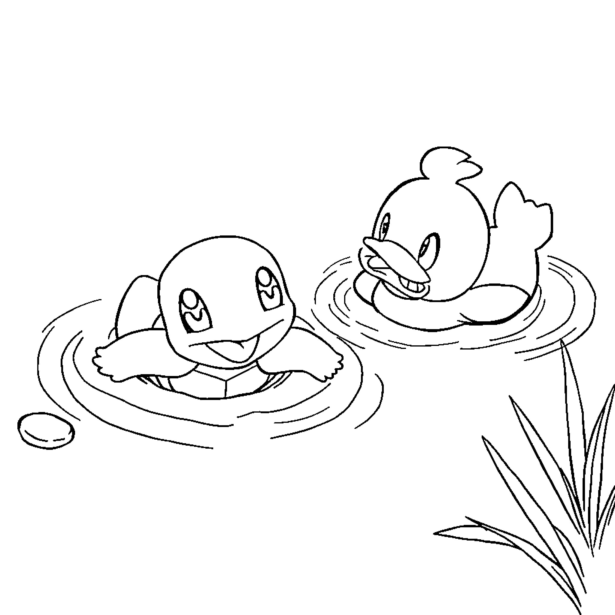 Squirtle playing happily in the water Coloring Page (free black-and-white line drawing printable PDF for all, from beginners to advanced learners, including children, teens, adults, and seniors)