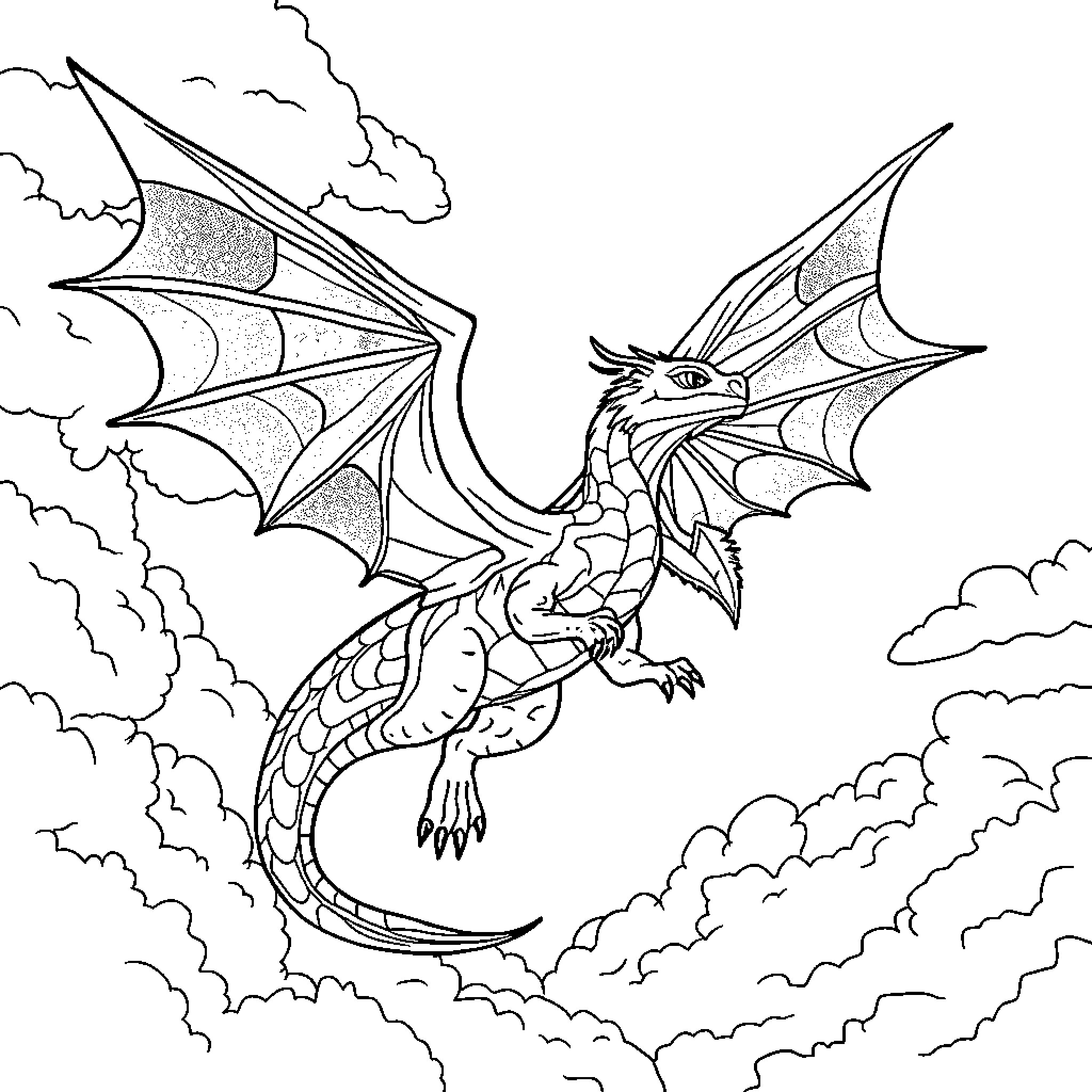 Dragon soaring through the cloudy skies Coloring Page (free black-and-white line drawing printable PDF for all, from beginners to advanced learners, including children, teens, adults, and seniors)