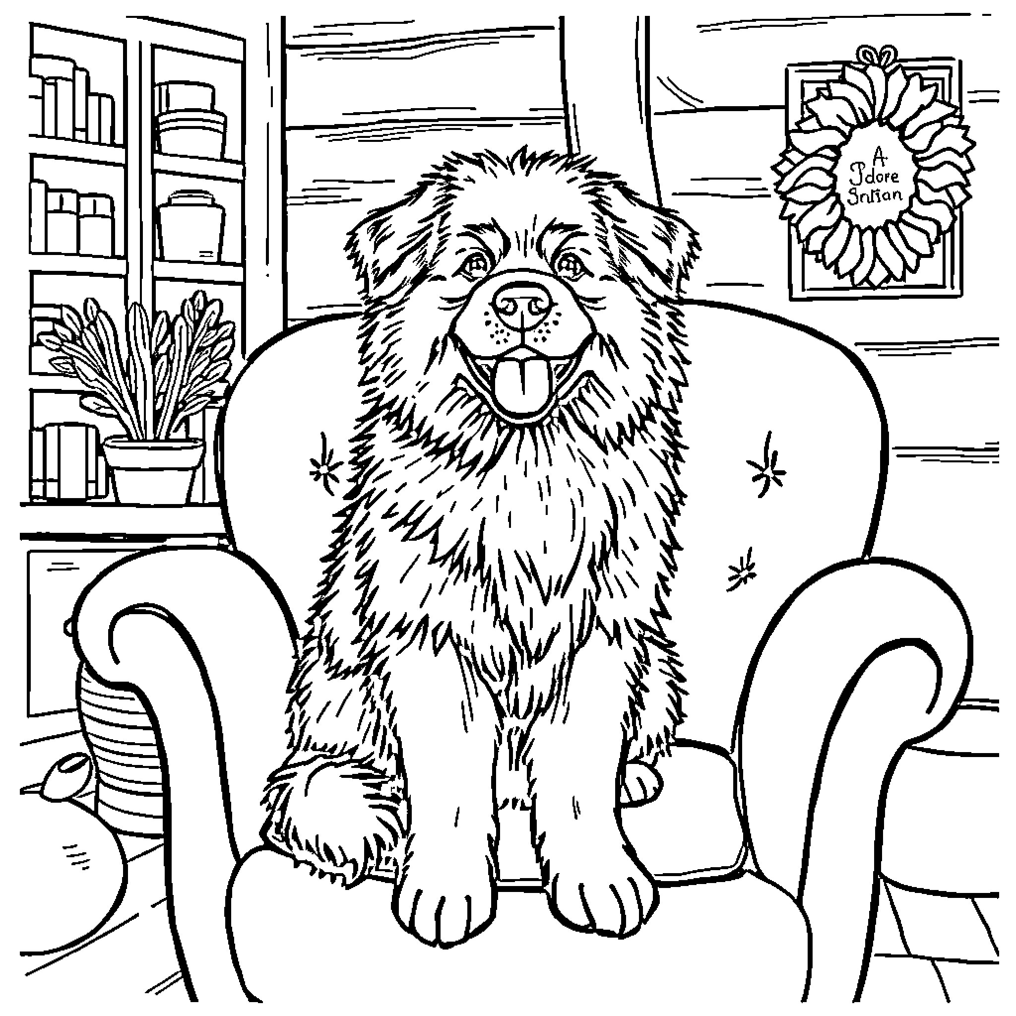 Dog enjoying a cozy indoor setting Coloring Page (free black-and-white line drawing printable PDF for all, from beginners to advanced learners, including children, teens, adults, and seniors)