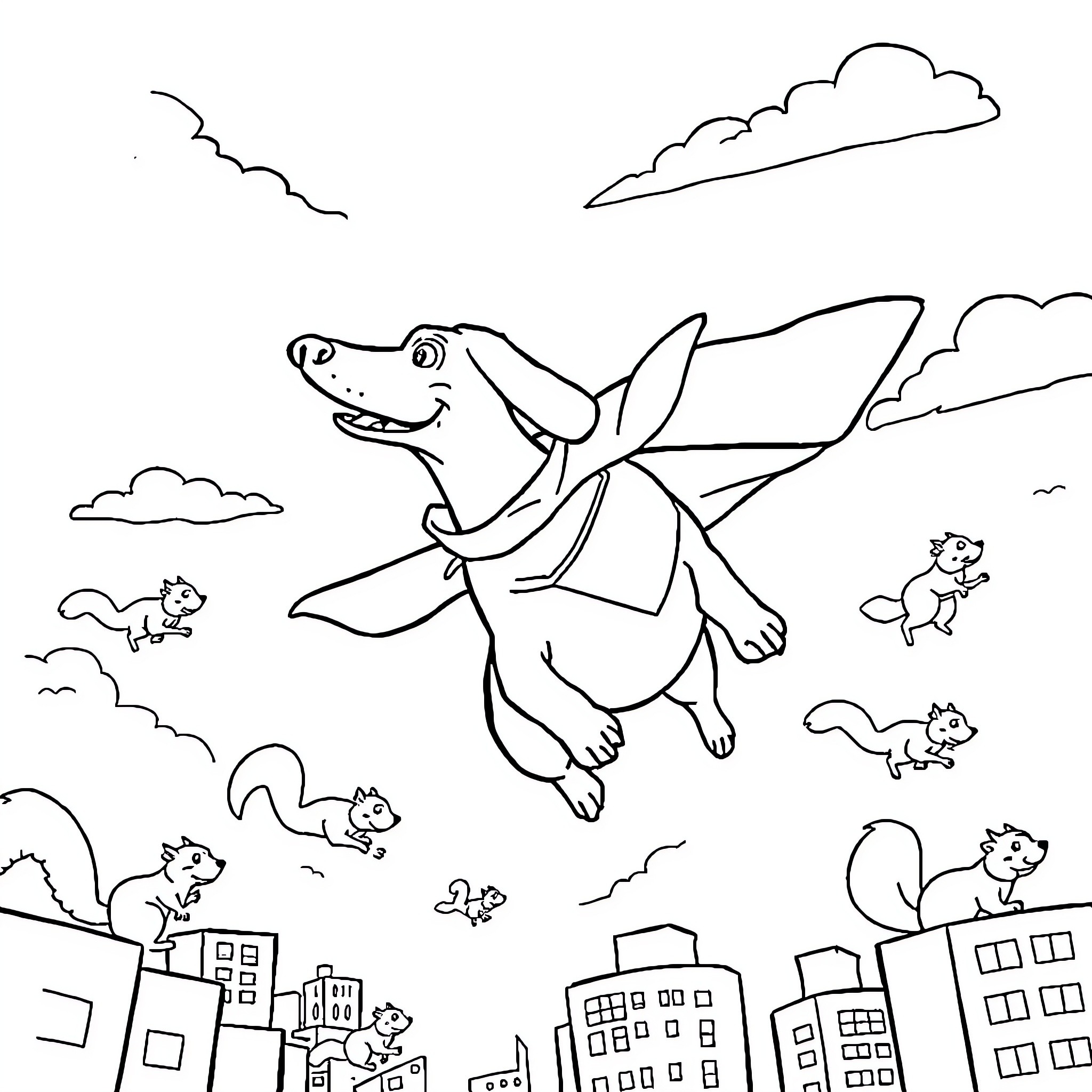 Wiener Dog flying over cityscape with squirrels Coloring Page (free black-and-white line drawing printable PDF for all, from beginners to advanced learners, including children, teens, adults, and seniors)