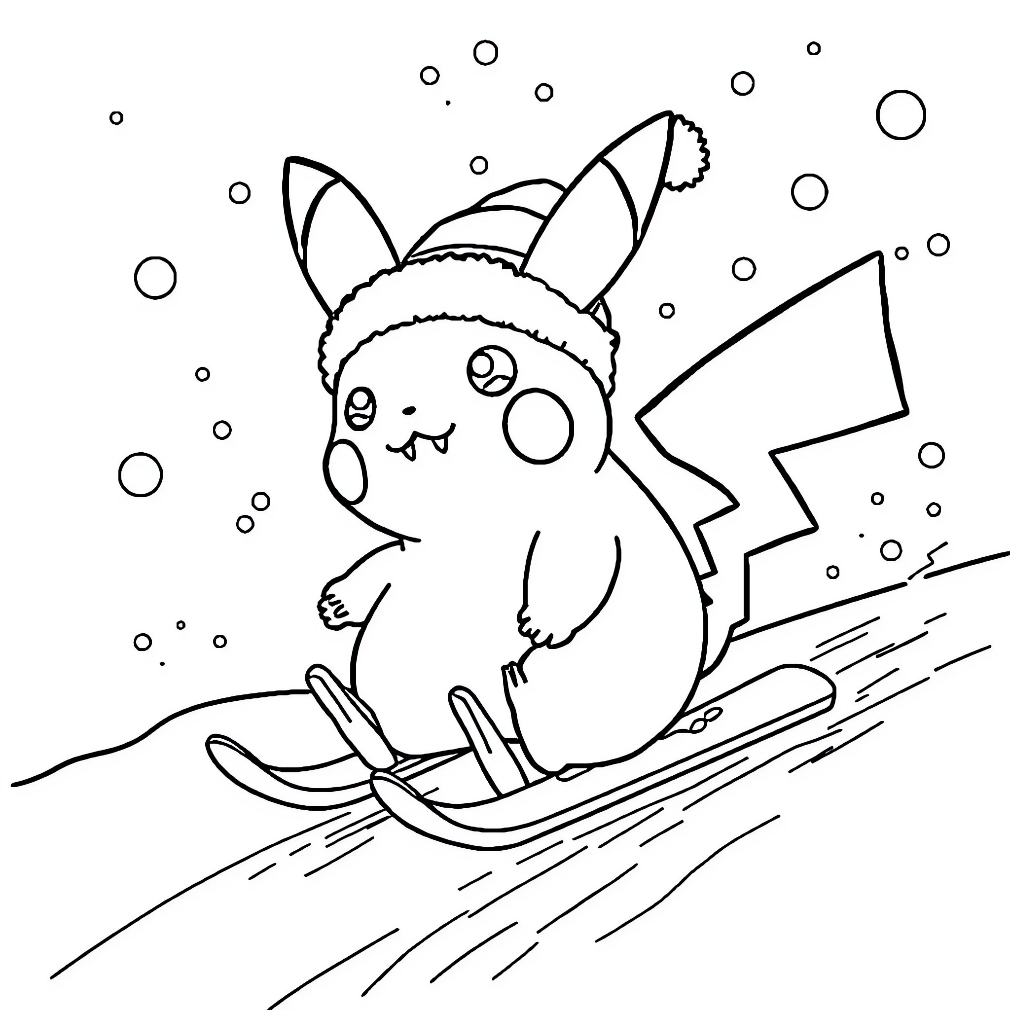 Pikachu enjoying winter activities in the snow Coloring Page (free black-and-white line drawing printable PDF for all, from beginners to advanced learners, including children, teens, adults, and seniors)