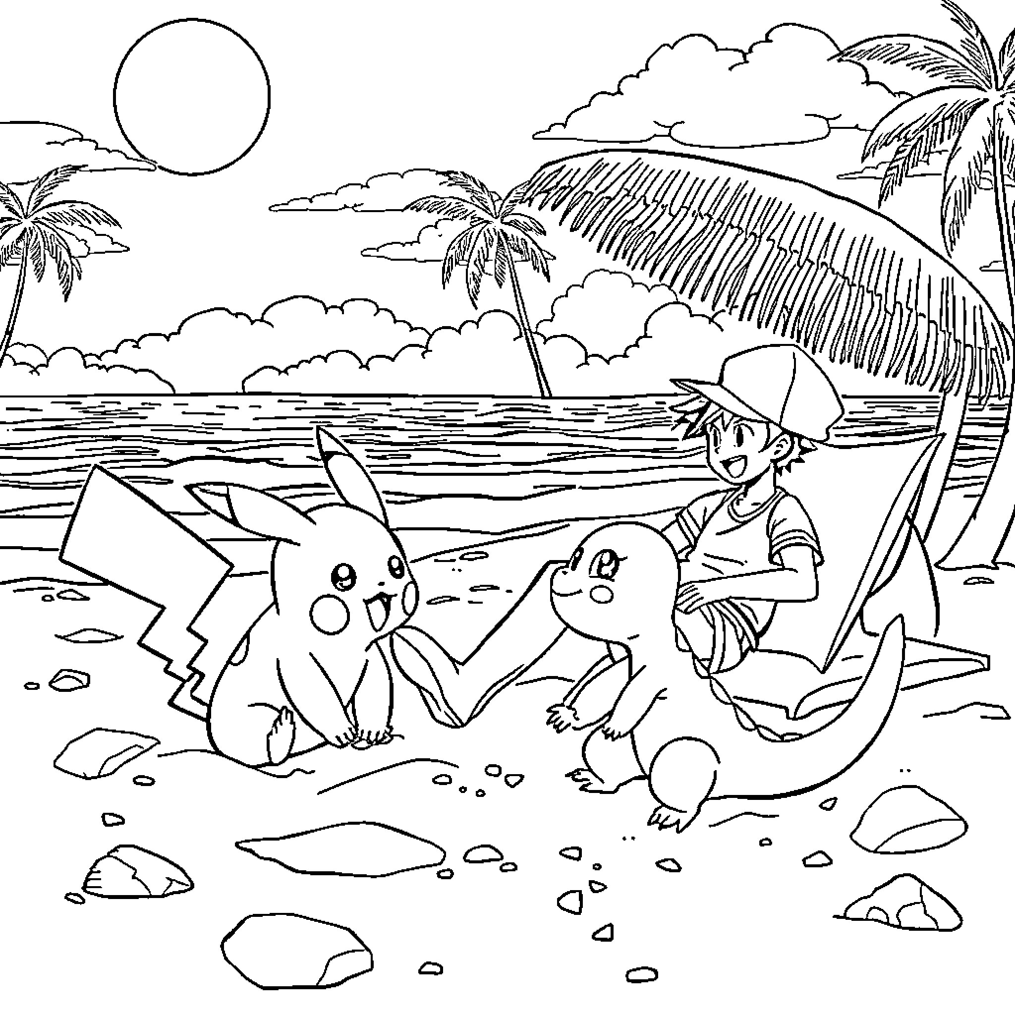 Pikachu's Beach Adventure with Trainer Coloring Page (free black-and-white line drawing printable PDF for all, from beginners to advanced learners, including children, teens, adults, and seniors)