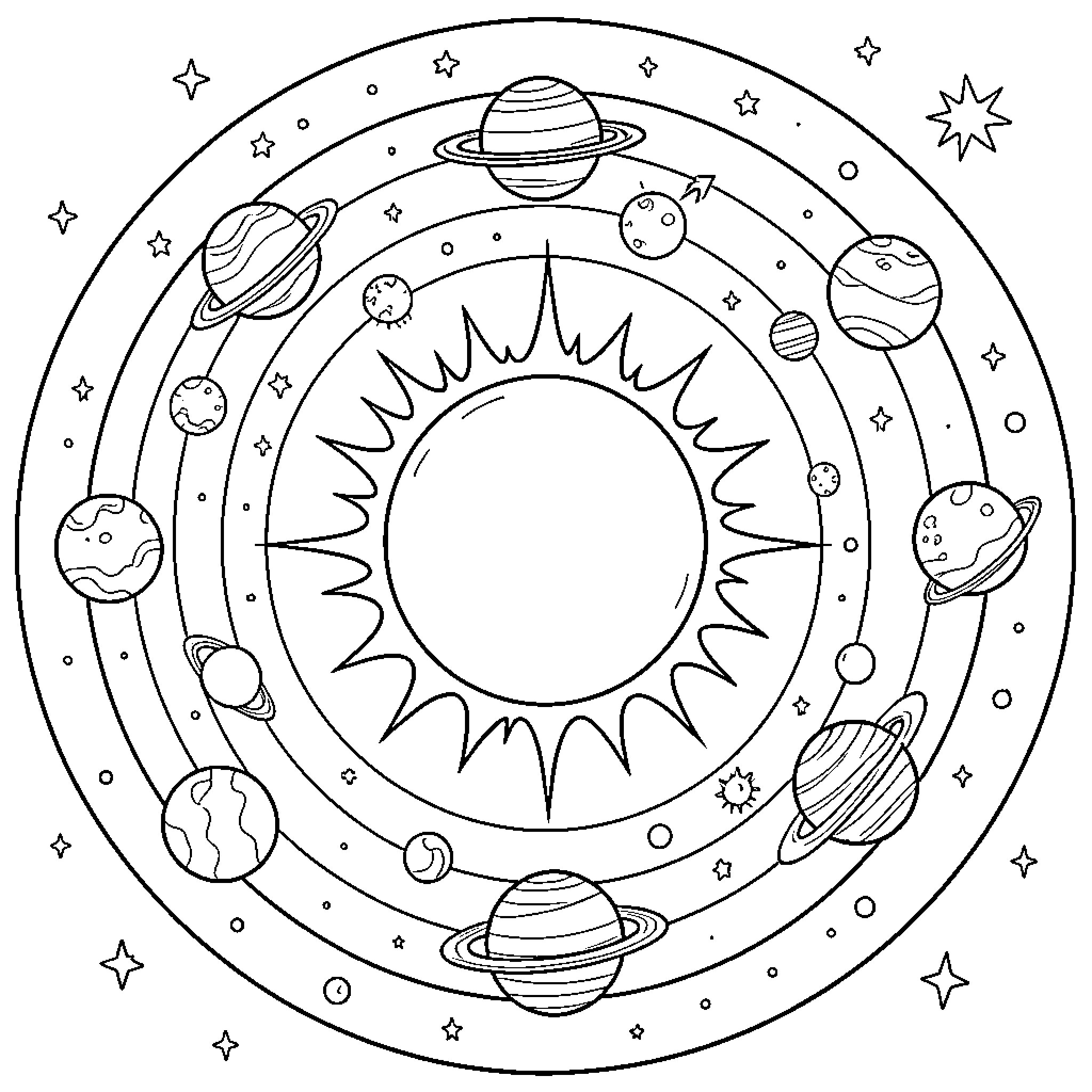 Solar System featuring planets and celestial bodies Coloring Page (free black-and-white line drawing printable PDF for all, from beginners to advanced learners, including children, teens, adults, and seniors)